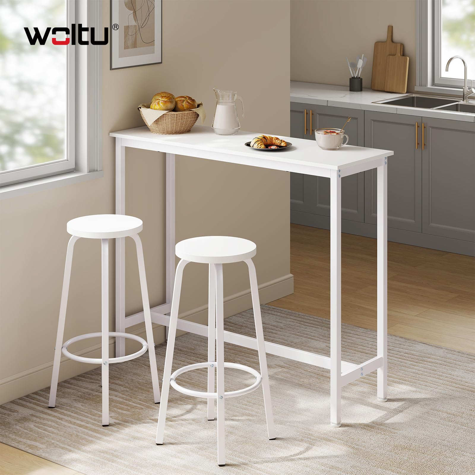 WOLTU Bartisch Set mit 2 Barhockern, Stehtisch & Barstuhl mit Metallgestell, Esstisch aus Holz für Bar Küche Wohnzimmer, Bistrotisch Bartheke Tresentisch, 120x40x100cm, Weiß