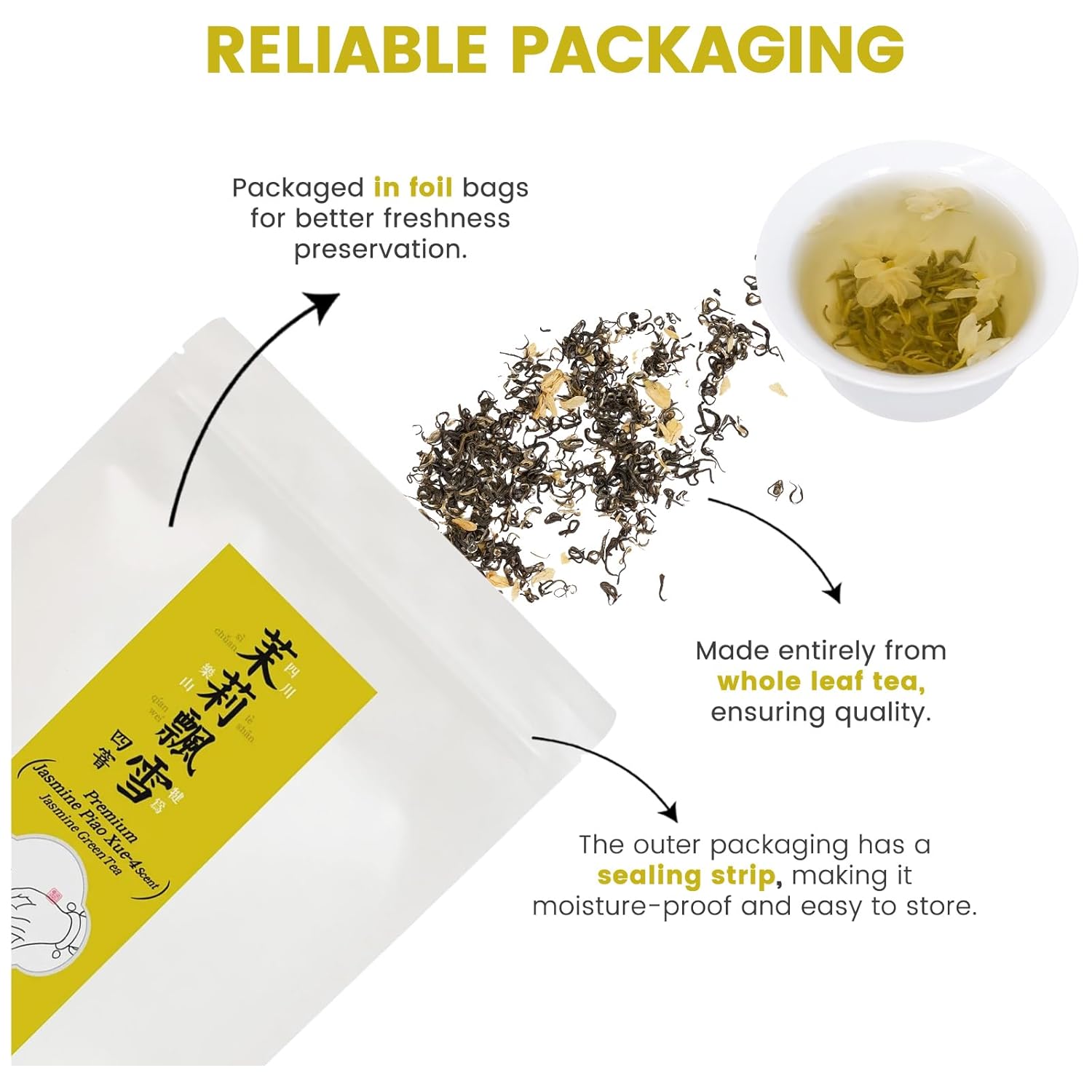 iTeaworld China Jasmine Green Tea Loose Leaf, Loose Green Tea With Jasmine, 100% Natural With No Additives, Four-Scent Jasmine Tea Leaves, Brewed Hot Or Cold, Net Weight 100g