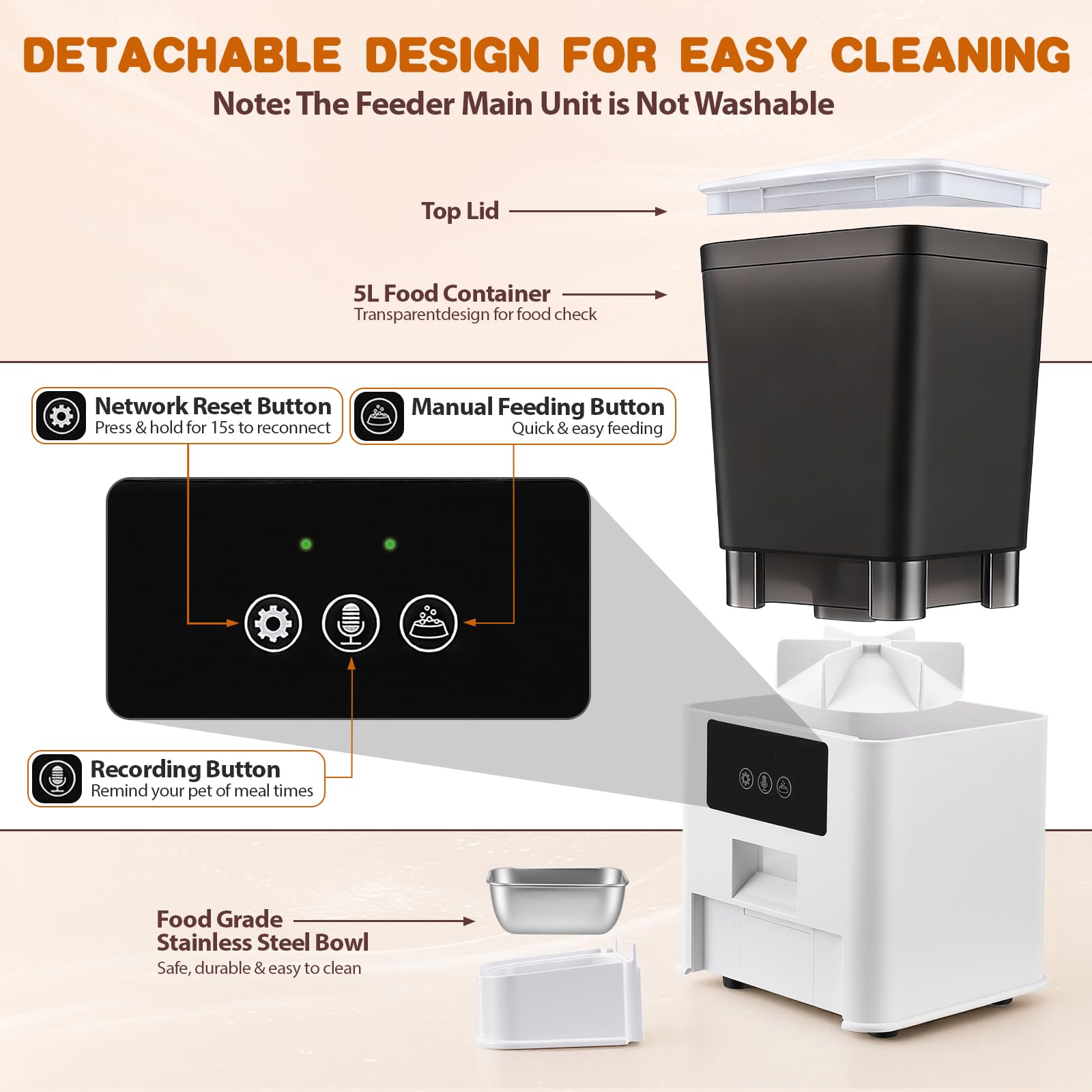 Comedero Gato Automatico 5L con App WiFi, 15g Porciones para Gatos y Perros | Dispensador comida gatos WiFi 2,4GHz, 1-10 comidas/día, antiatascos, voz personalizada y cuenco acero inoxidable