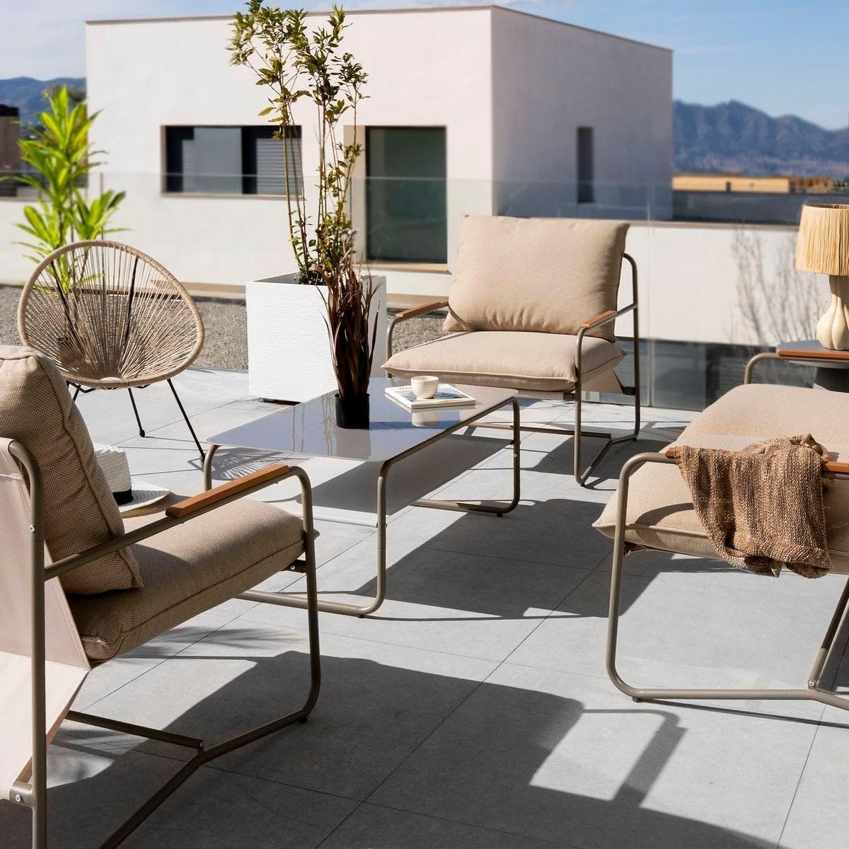 LOLAhome Conjunto de Jardín Vesta con Sofá, Mesa y 2 Sillones, Desenfundable, de Color Gris de Acero y Cristal para Terraza y Exterior