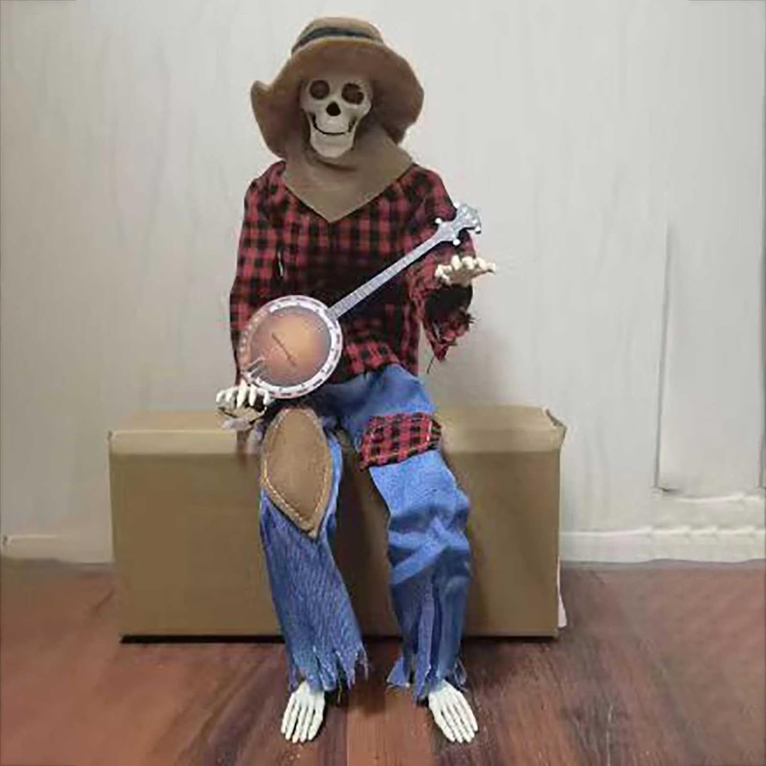 Color Red and yellow plaid Halloween Banjo Playing Skeletons - Dueling Poseable Skeletons with Light, Red & Yellow