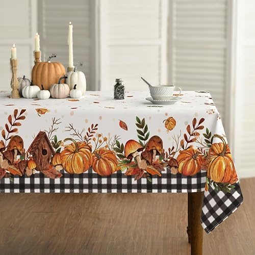 Horaldaily Mantel rectangular de otoño de 52 x 70 pulgadas, para decoración de mesa de fiesta de pícnic, cena y calabaza, champiñones y búfalo negro
