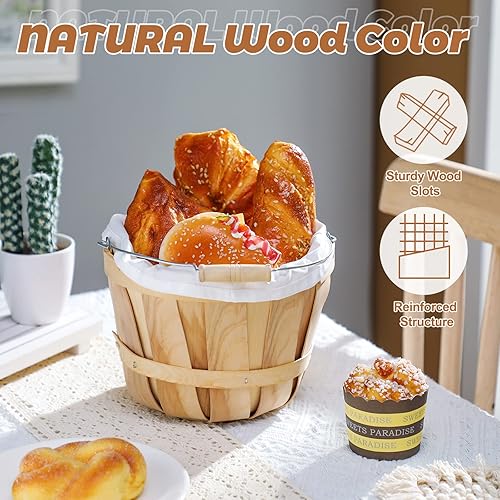 Miniatura 6 de Eaasty Paquete de 3 cestas redondas de madera para frutas con asa para aperitivos de verduras, decoración de jardín, casa de campo, 4 cuartos de