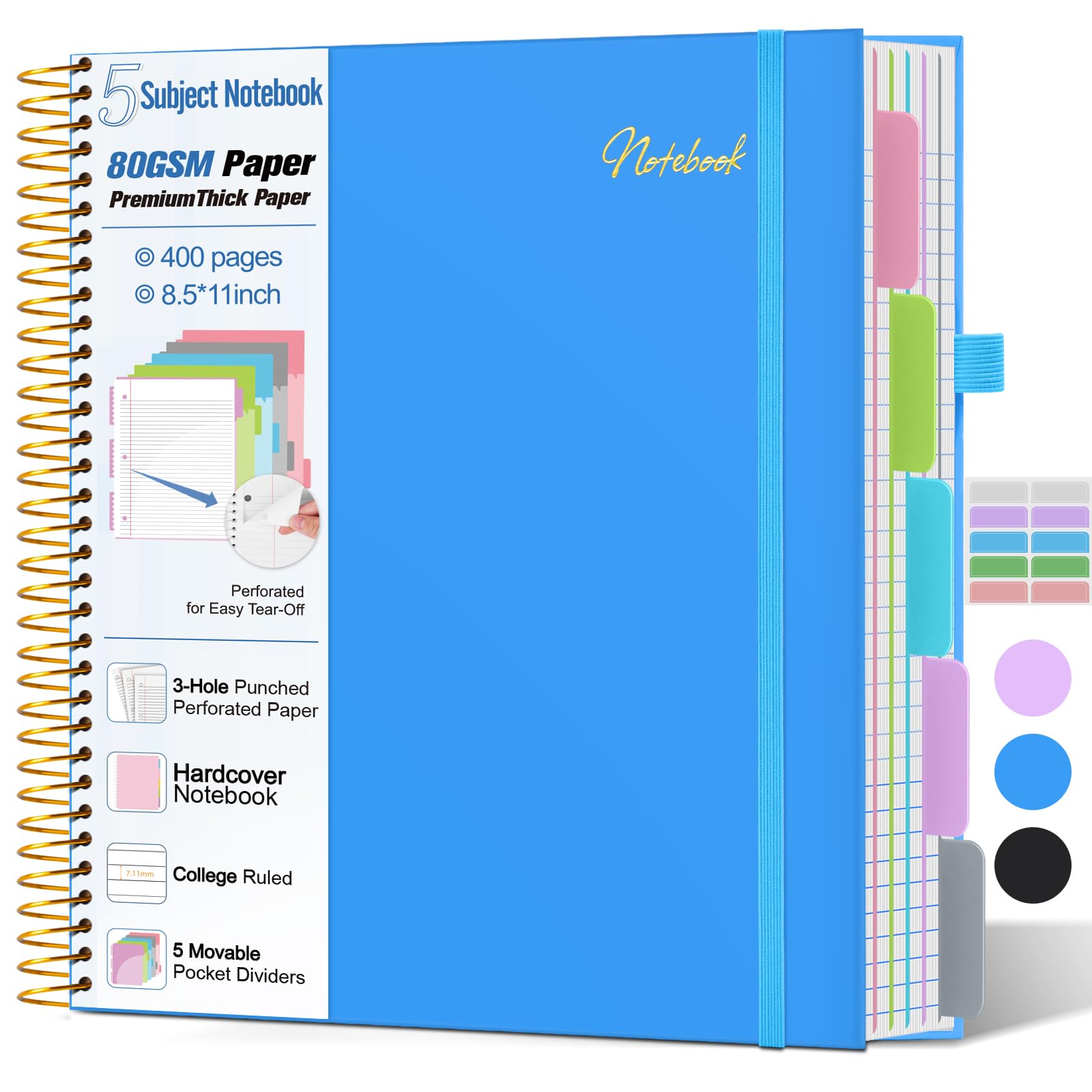 Carnet ligné 5 sujets à couverture rigide et 400 pages perforées bleu - 8