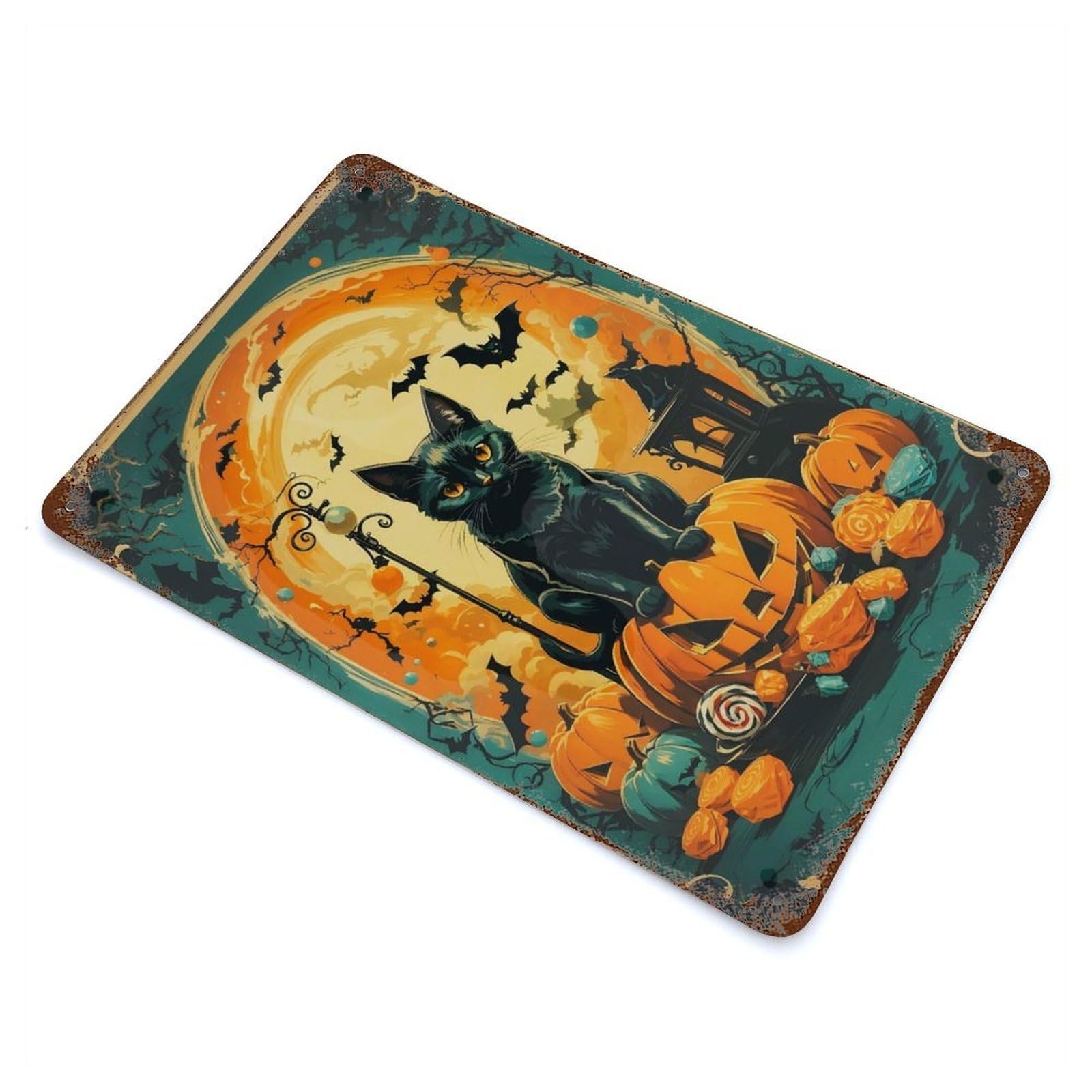 Pumpkin Cat 11.8"x7.9" Rust Effect Tin Sign, Industrial Home Decor for Living Room, Hallway And Home Decor