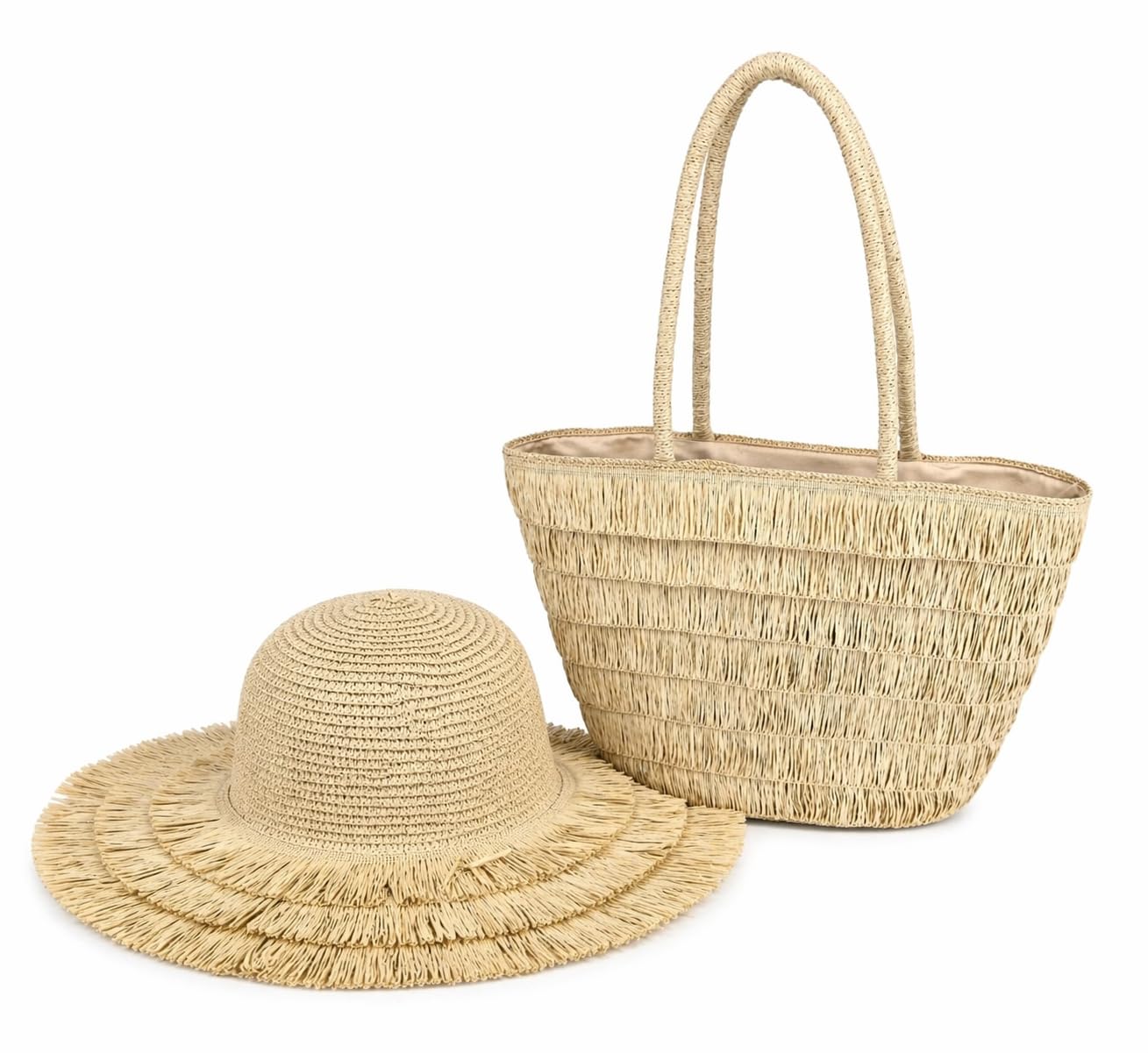 Generisch Damen Sommer Strand-Set, Strohtasche & Hut, Schwarz, Papiermaterial, Tasche 40x60 cm, Hut 41x13 cm | Strand und Urlaub
