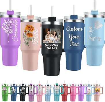 Personalized Tumbler with Handle Custom 40oz Insulated Tumbler with Name Picture Customized Stainless Steel Cup with Straw Lid Travel Coffee Tumbler Birthday Christmas Gift for Women Men
