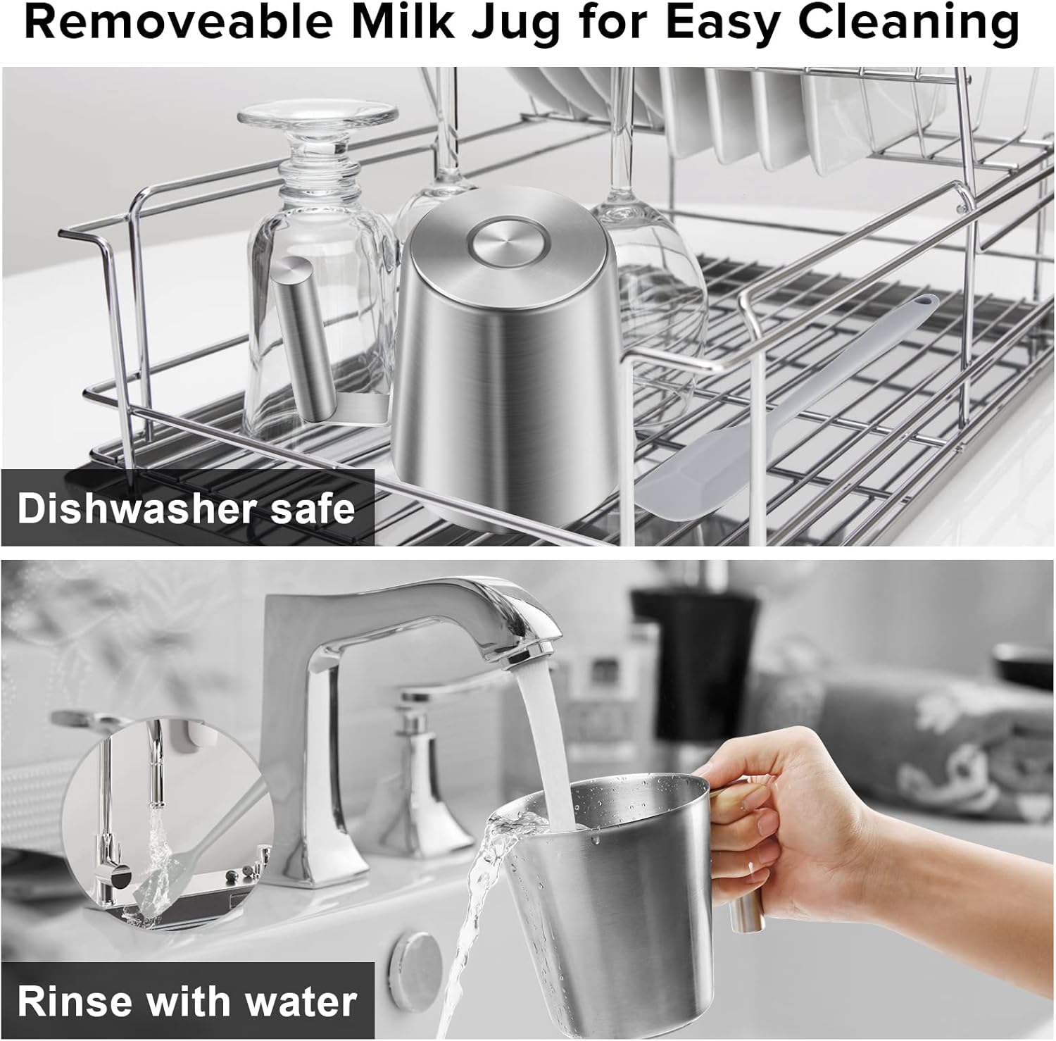 Image showing the detachable milk jug being rinsed under a faucet and placed in a dishwasher rack.