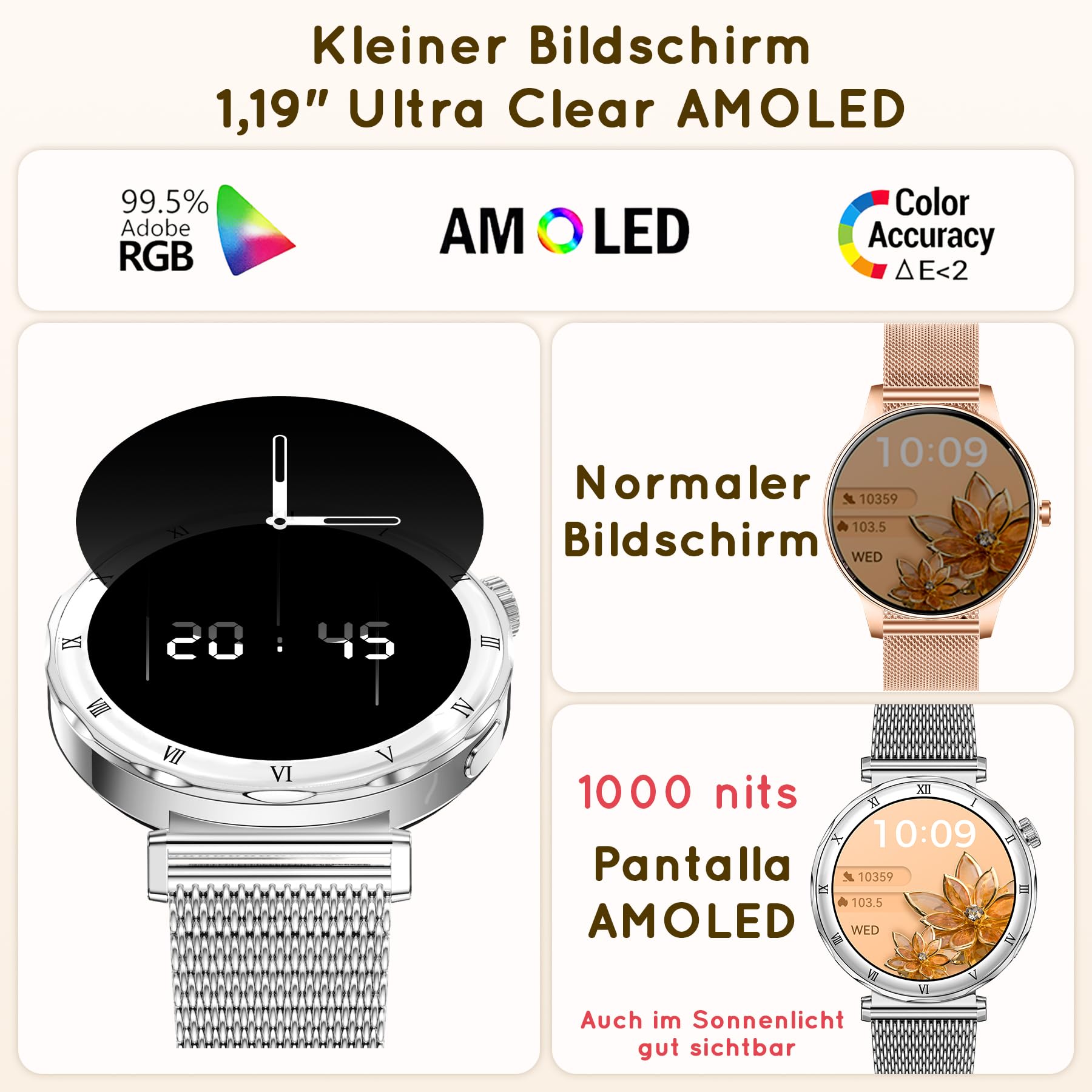 Smartwatch Damen Rund, AMOLED 1,19" Kleine Fitnessuhr mit Telefonfunktion, Schrittzähler, Herzfrequenz SpO2 Schlafmonitoring, 120+ Sportuhr, IP68-Wasserdicht für iOS Android, Silber/Zarte Geschenk