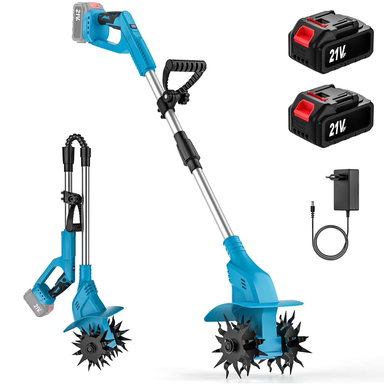 Motoazada Electrica 21V, Motoazada Bateria con 2 x 4.0Ah Bateria | Motor sin Escobillas, Rodillo Doble 4 Cuchillas, Pantalla LED, 20 cm de Ancho y 16 cm de Profundidad, Motoazada para Huertos
