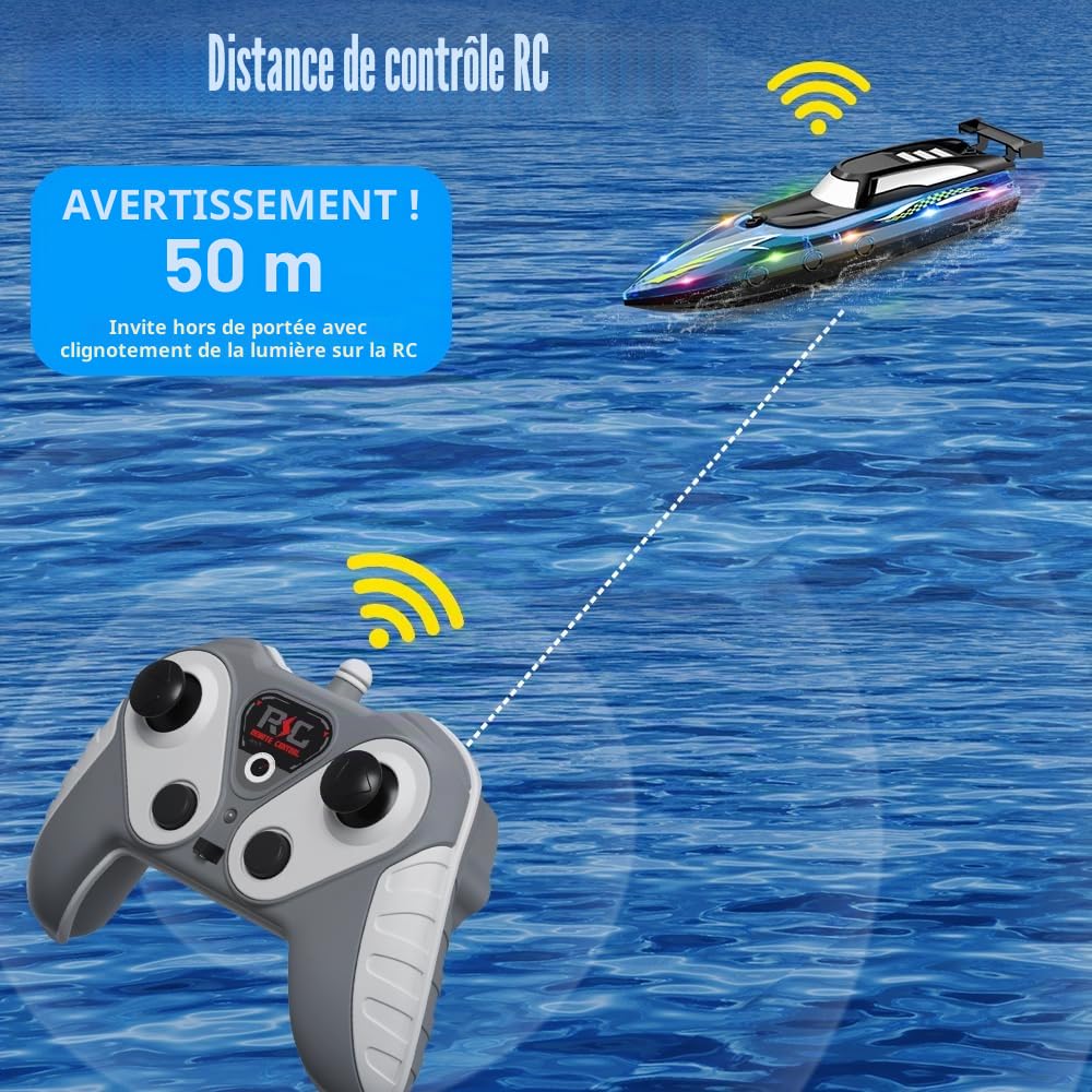OBEST Bateau Télécommandé RC de Course Haute Vitesse avec Lumières LED, 2.4GHz pour Piscines et Lacs avec 2 Batteries, Jouet de Bateau pour Adulte et Enfant