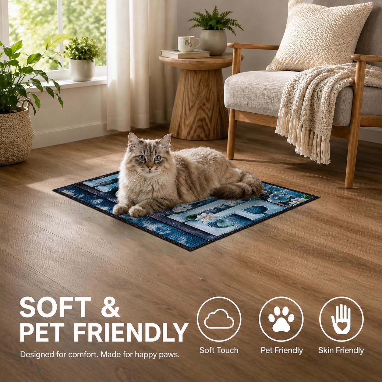 Non Slip Indoor Door Mat 23.62 x 15.75 in, Faux Cashmere Polyester Entryway Rug with Blue Wood Grain Floral Home Print, Durable Welcome Mat for Front Door Bathroom Kitchen