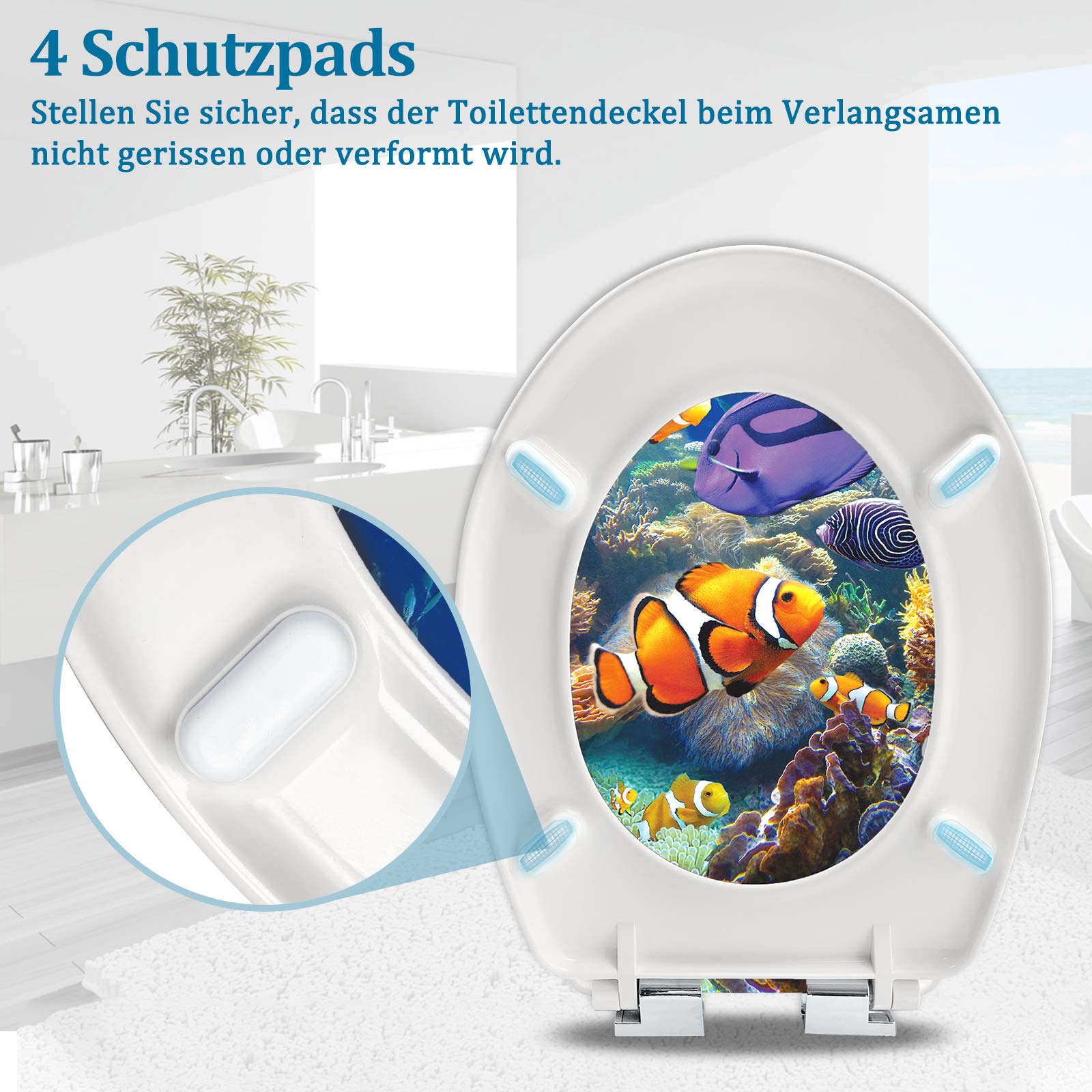 Aufun Asiento de Inodoro con Cierre Suave Asiento de Inodoro de Plástico Duro Asiento de Inodoro Antibacteriano de Duroplast Tamaño Universal, 25 Imágenes para Elegir - Peces Submarinos | Asiento de inodoro de plástico duro, tamaño universal, alta calidad