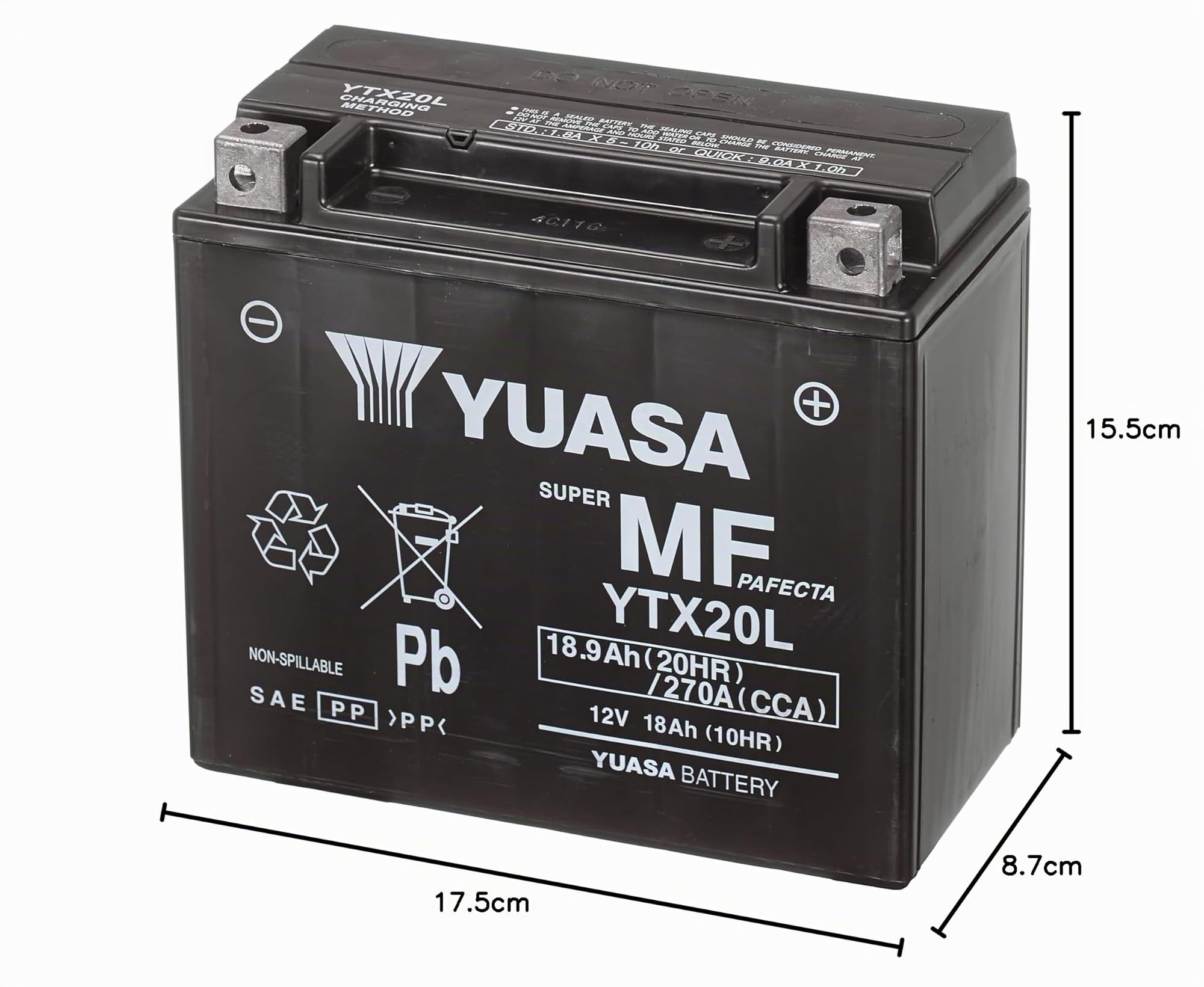 Yuasa YTX20L 12V 270 CCA Batteria per moto AGM VRLA senza manutenzione