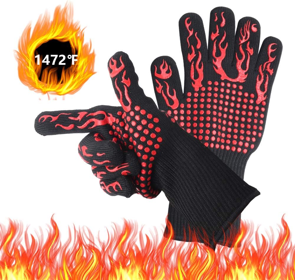 VIGIND BBQ Gloves,Barbecue Gloves,1472°F Extreme Heat Resistant Grilling Gloves,Non-Slip Silicone Insulated Gloves, Perfect for Barbecue, Cooking, Baking, Fireplace, Smoker,1 Pair,Black-Red : Patio, Lawn & Garden