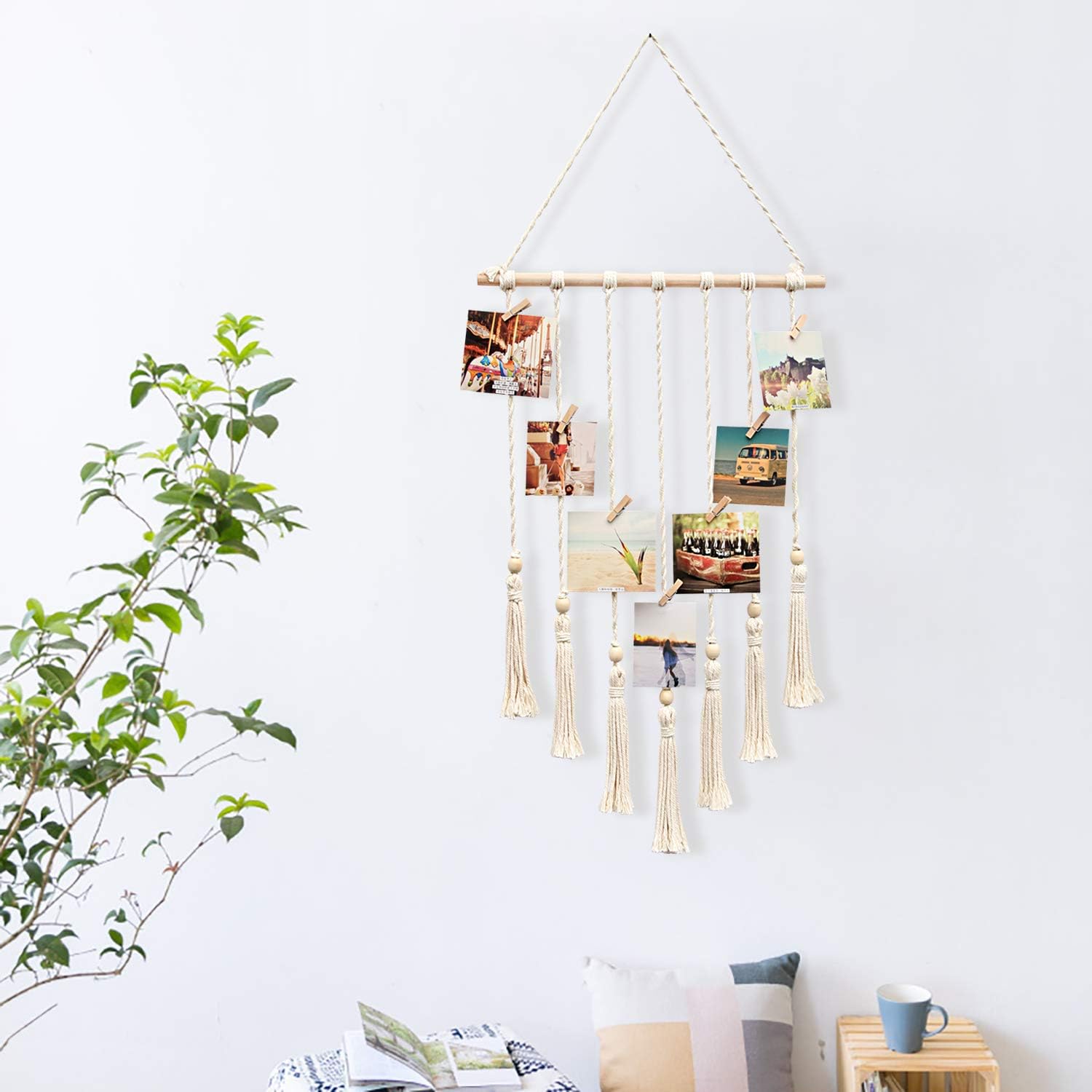 BlueMake Hanging Photo Display with Wood Bead, Macrame Wall Hanging Picture Organizer Boho Home Decor, with 28 Wood Clips (Ivory)