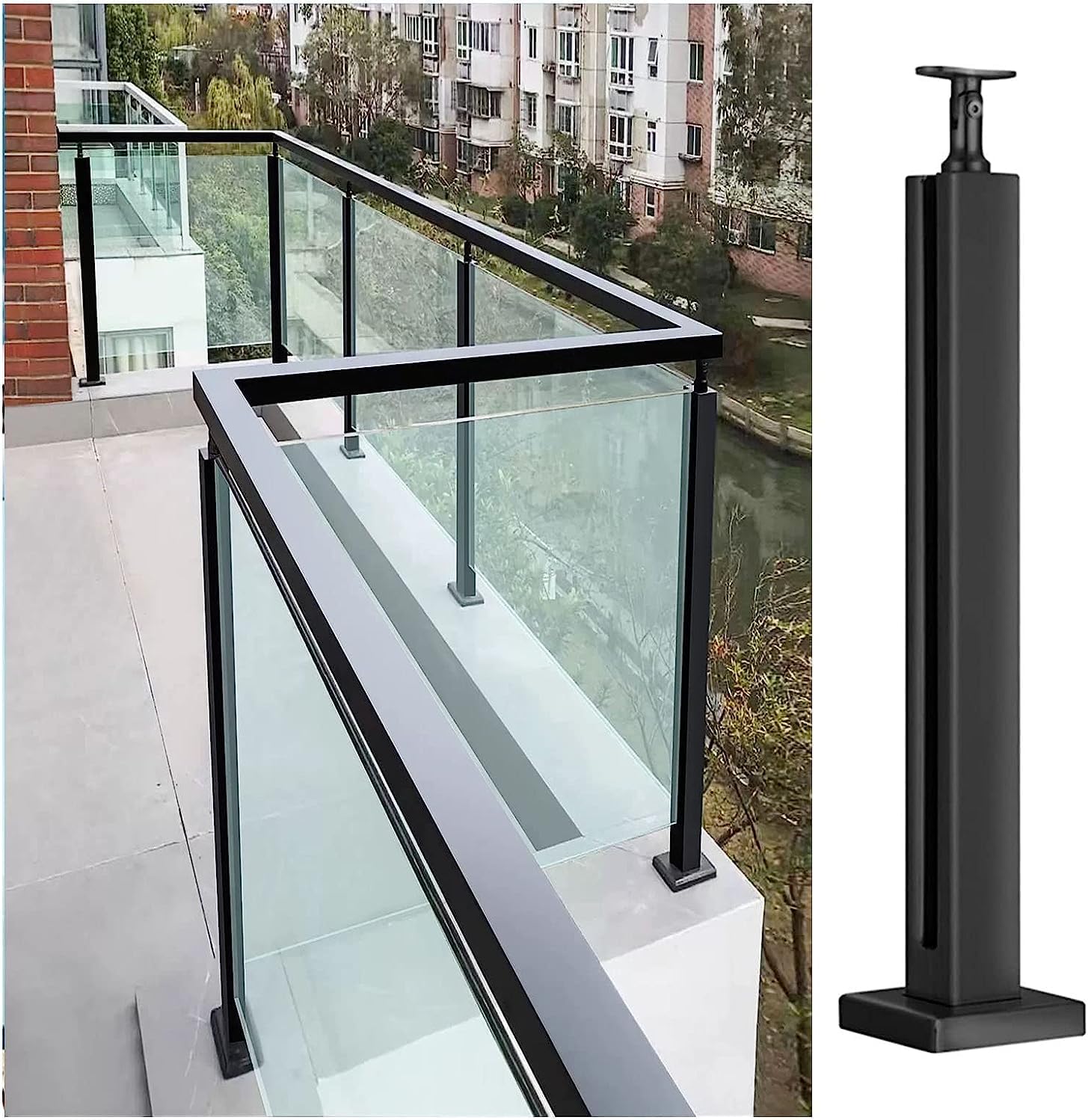 Black Glass Deck Railing System Square Post for Outdoor Handrails/Balustrade, Stainless Steel Glass Fence Pole for Balcony/Patio Stairs Fencing/Glass Panels(Size:135cm/53in,Color:e