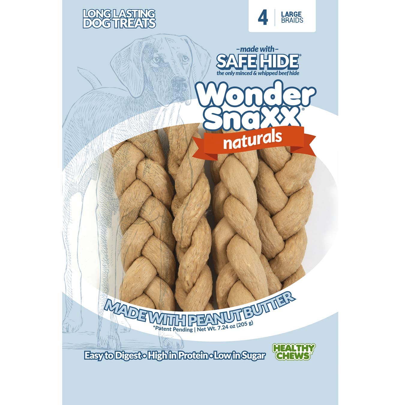 Wonder Snaxx Naturals, Peanut Butter Braid Made from Whipped Rawhide, Large, 4 Braids