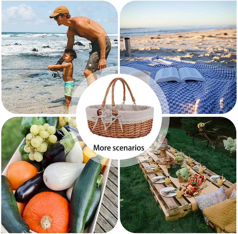 Large Wicker Picnic Basket with Handles,Handle Sturdy Woven Body with Removable and Washable Lining,Outdoor Camping,Gift Packing,Garden Picking, Storage.White Flower