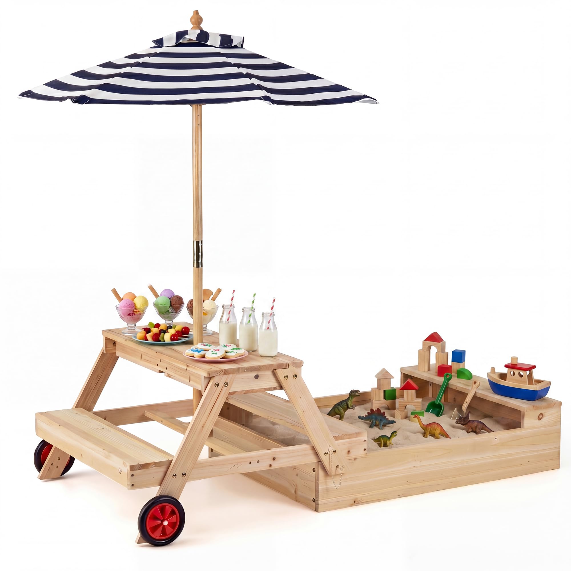HOMASIS Sabbiaia in Legno Trasformabile, Tavolo da Picnic per Bambini 3-5 Anni con Ombrellone Regolabile, panche, Piano Rimovibile e Ruote, per Giardino, Patio e Terrazza, 103 x 87 x 52 cm