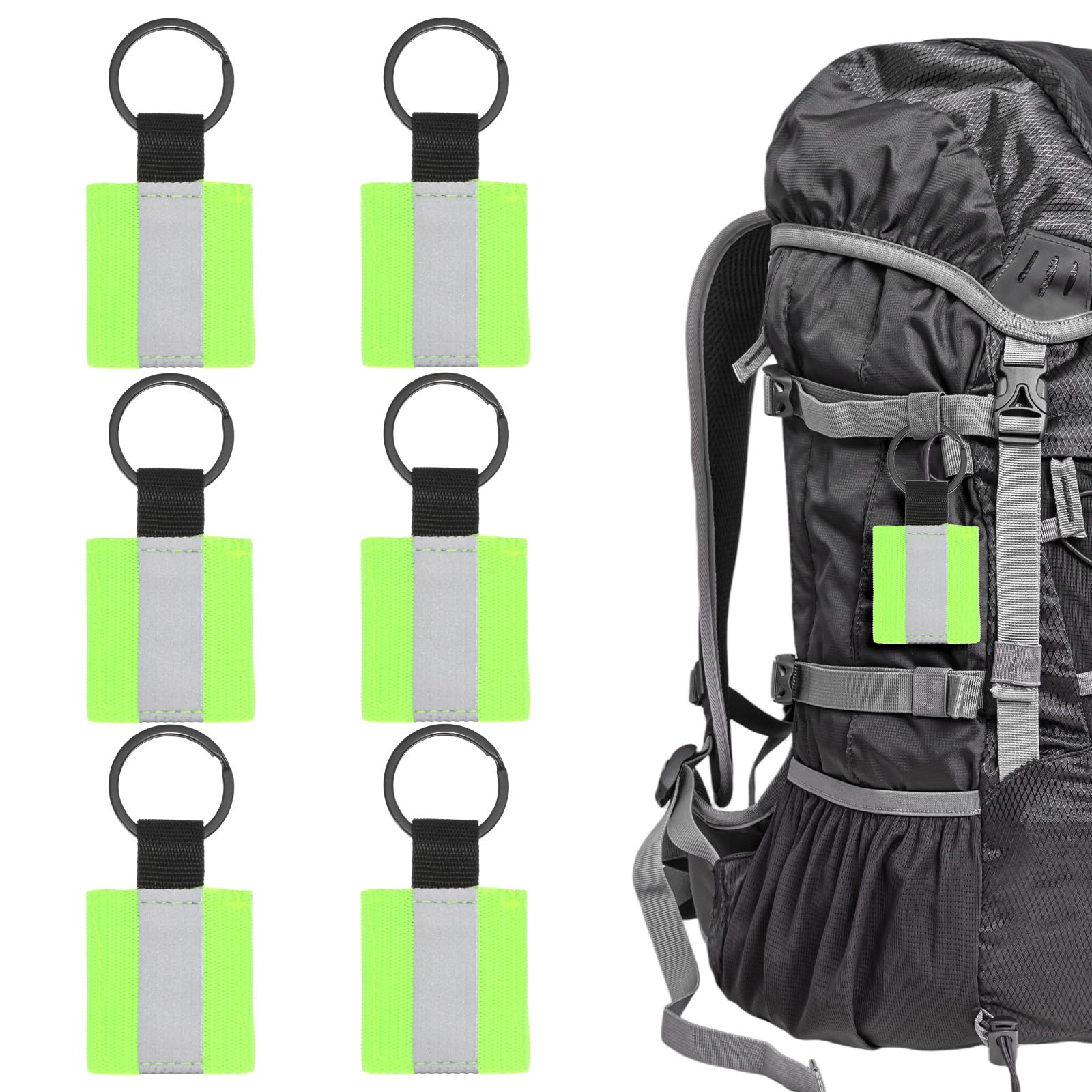 TIXIPEM Safety Reflector Pendants [6PCS] - Fabric Reflective Safety Keychain Gear Use for Backpack & Running & Cycling - [Fluorescent Green-2.8IN/7CM] Double-Sided Reflective Tags