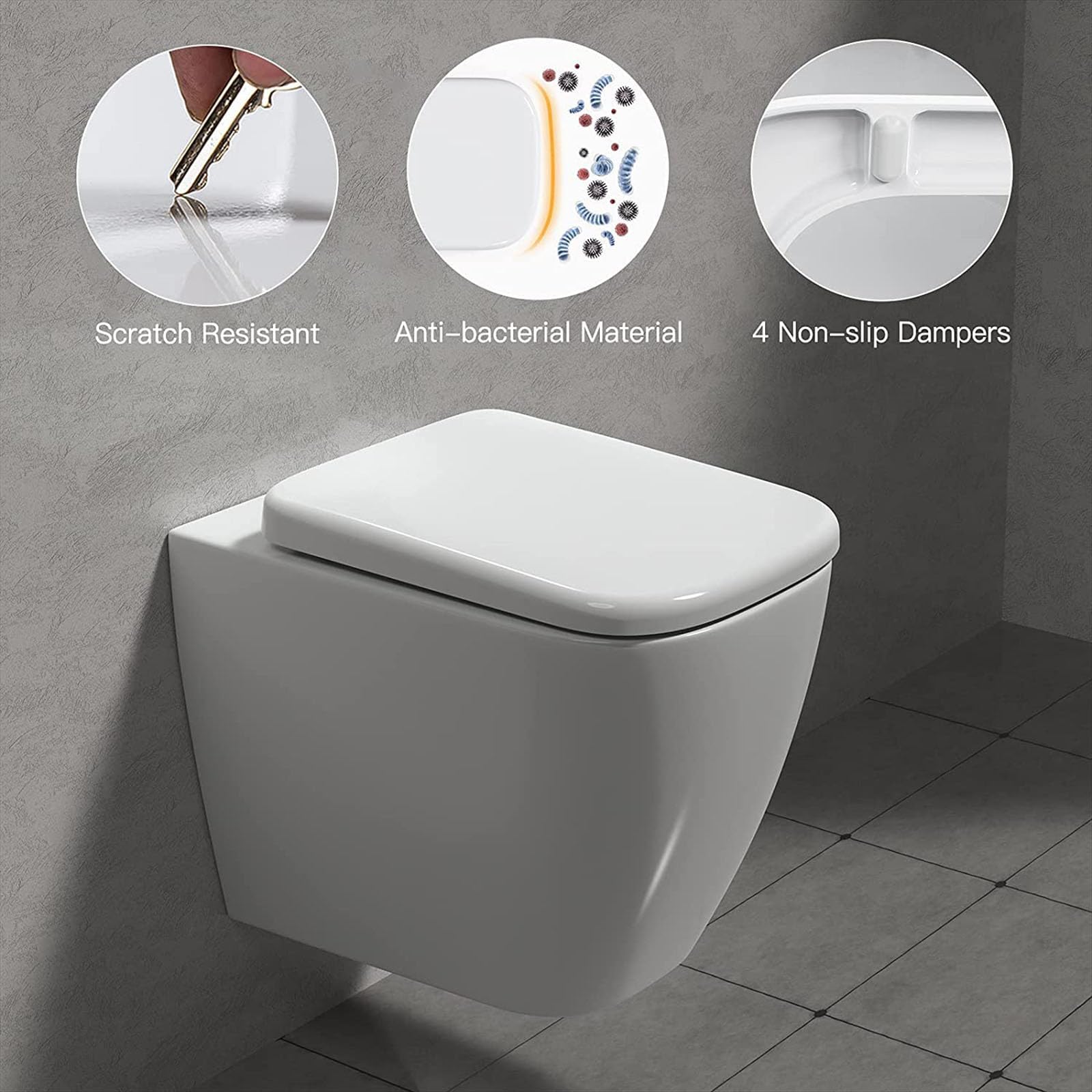 Sedile WC quadrato ad angolo tondo con chiusura ammortizzata