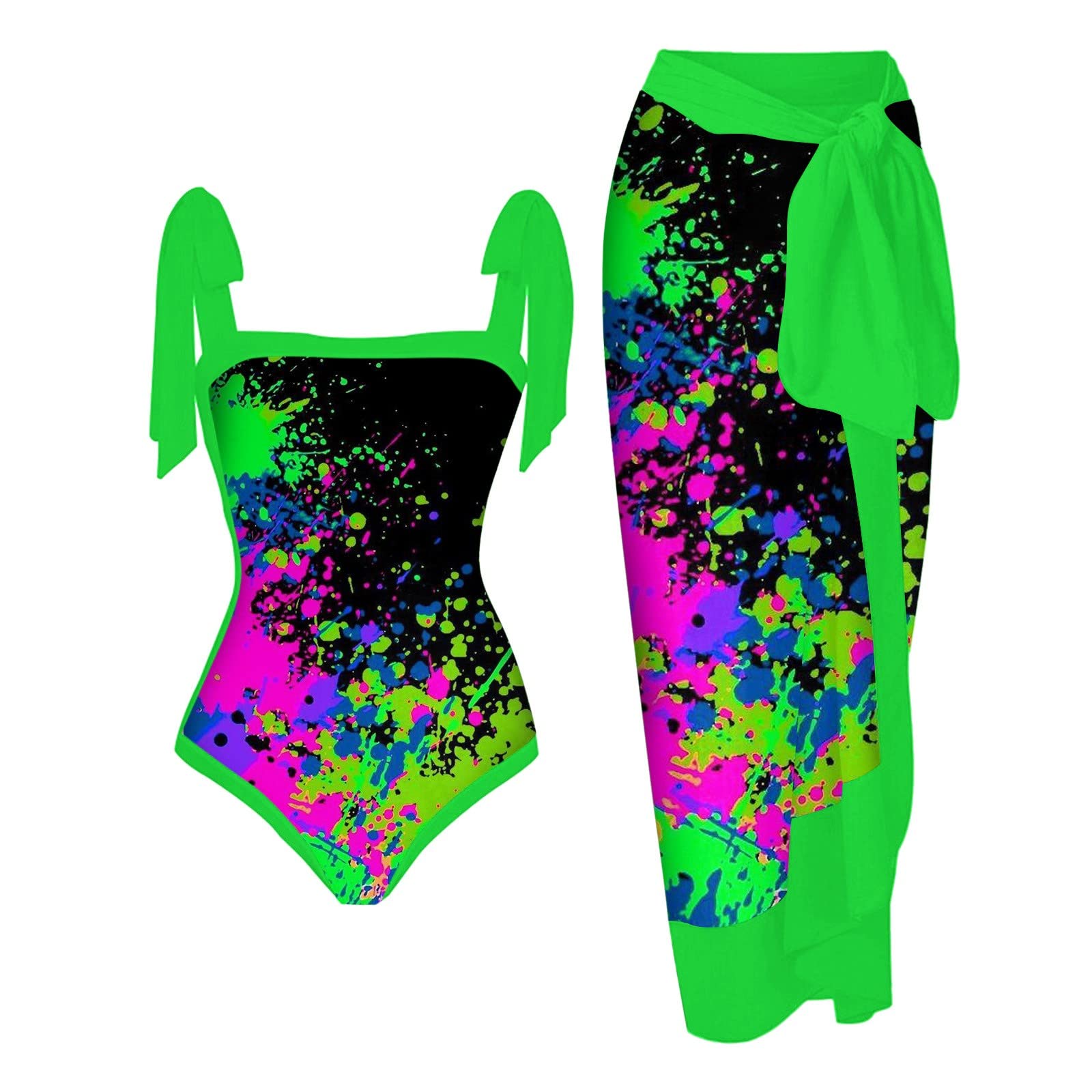 Women's Swimming Costume Two Piece Swimsuit with Matching Sarong Cover Ups Ladies Summer One Piece Boho Floral Printed Monokini Swimwear Beach Bathing Suits