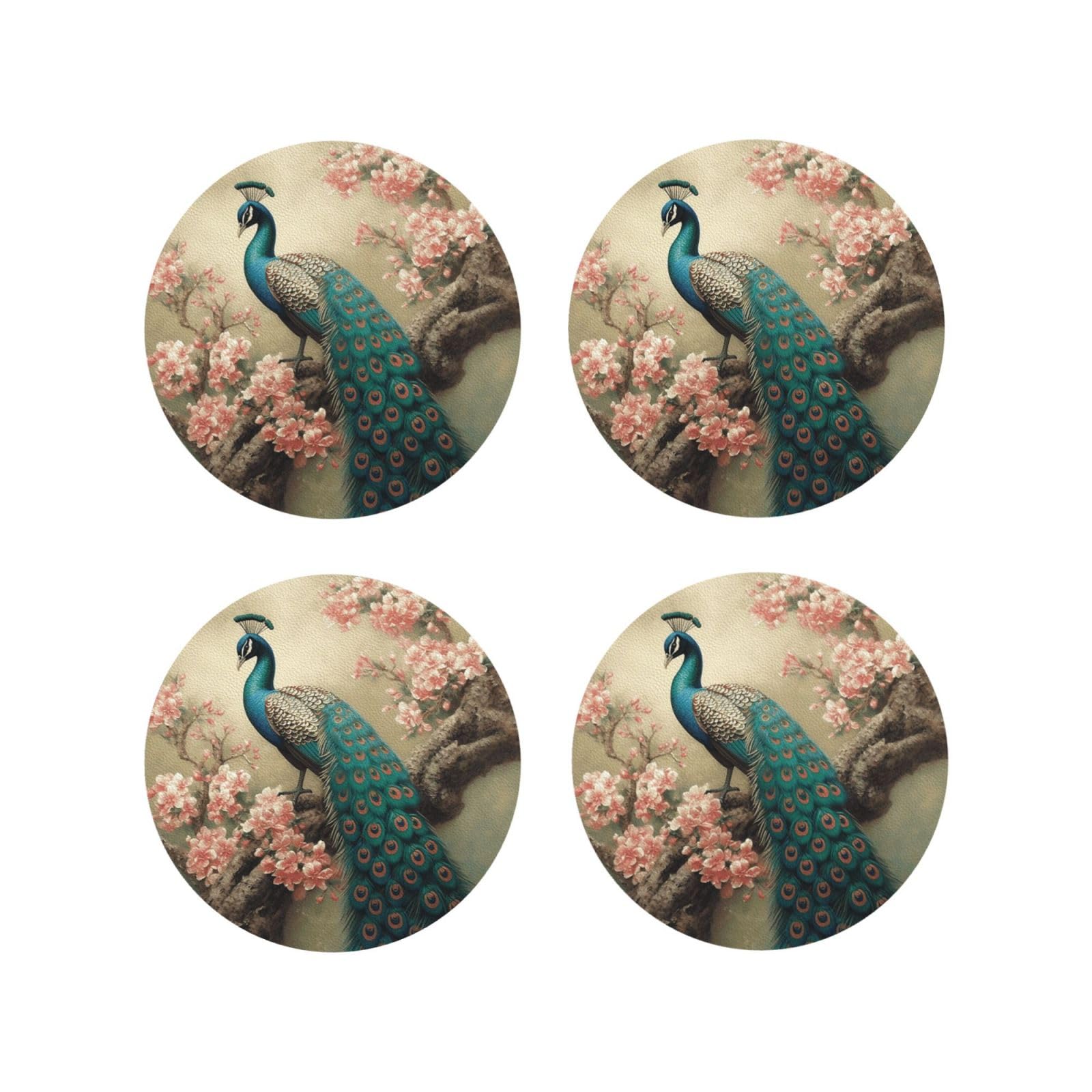 4pcs Drink Coasters for Tabletop Protection, 4" Leather Coasters for Drinks, Oriental Peacock Cup Coasters for Coffee Table Decor, Non-Slip Drinking Cup Mat for Hot Or Cold Drink