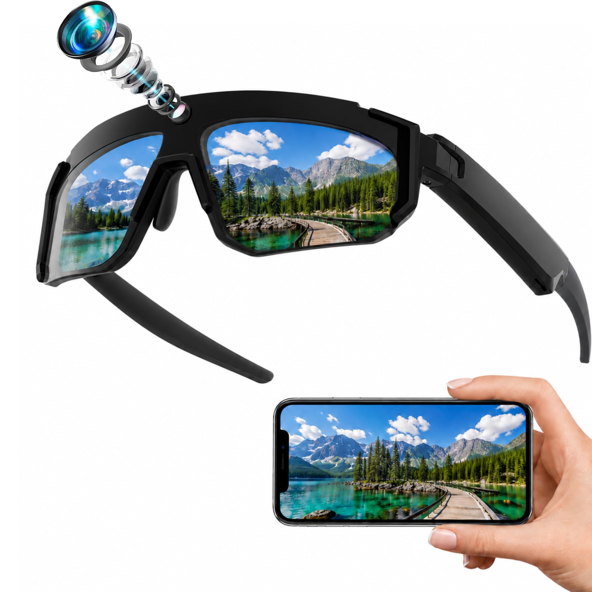 Gafas Inteligentes 4K AI, Cámara de 8MP Gafas Deportivas Bluetooth con Control por Voz, Estabilización EIS, IP54 para Ciclismo Esquí Senderismo (Black)