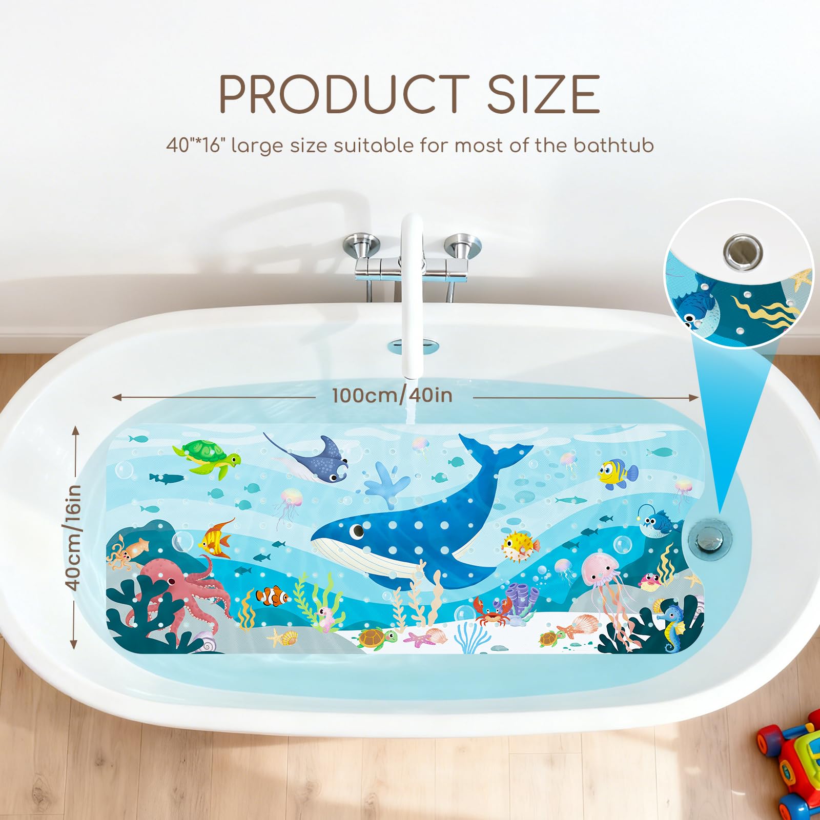 Tapis de Bain Antiderapant Baignoire Bebe 100x40 cm, Extra Tapis Salle de Bain Antidérapant pour Enfants et Bébé avec 200 Ventouse Matériel de PVC, sans BPA et Lavable en Machine - Baleine