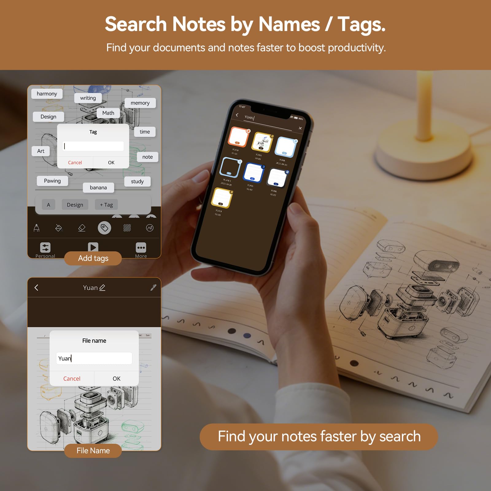 Yuan Lot de 3 stylos de synchronisation intelligents pour prise de notes, carnet numérique (format A4) avec stylo, synchronisation de l'écriture, stockage hors ligne, partage de notes, cadeau pour