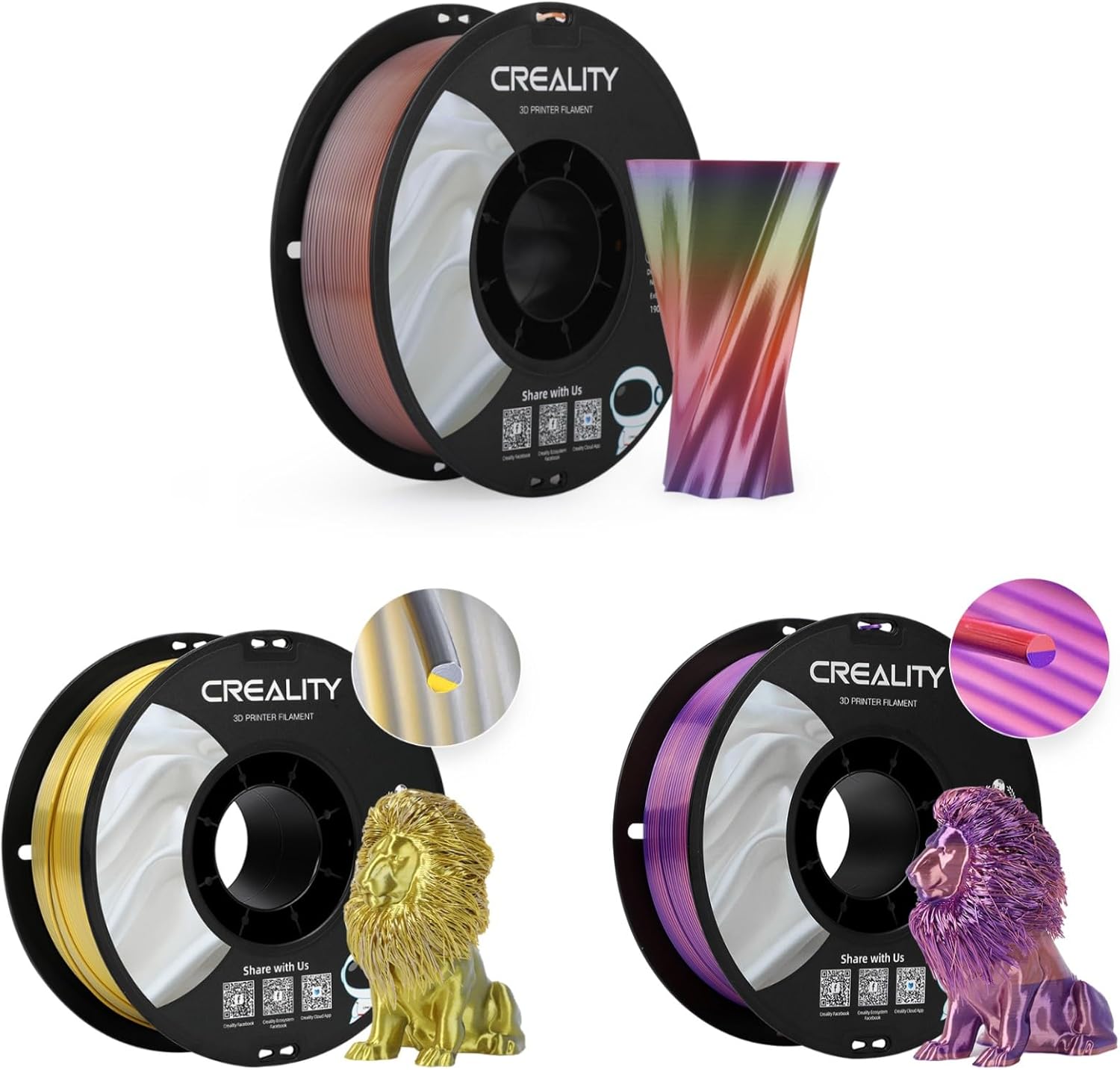 Creality 3D Printer Filament Bundle, Silk PLA Filament 1.75mm, Silk Rainbow, Bicolor Purple-Pink, Gold-Silver, 3D Printing Filament 1kg X 3 Spools
