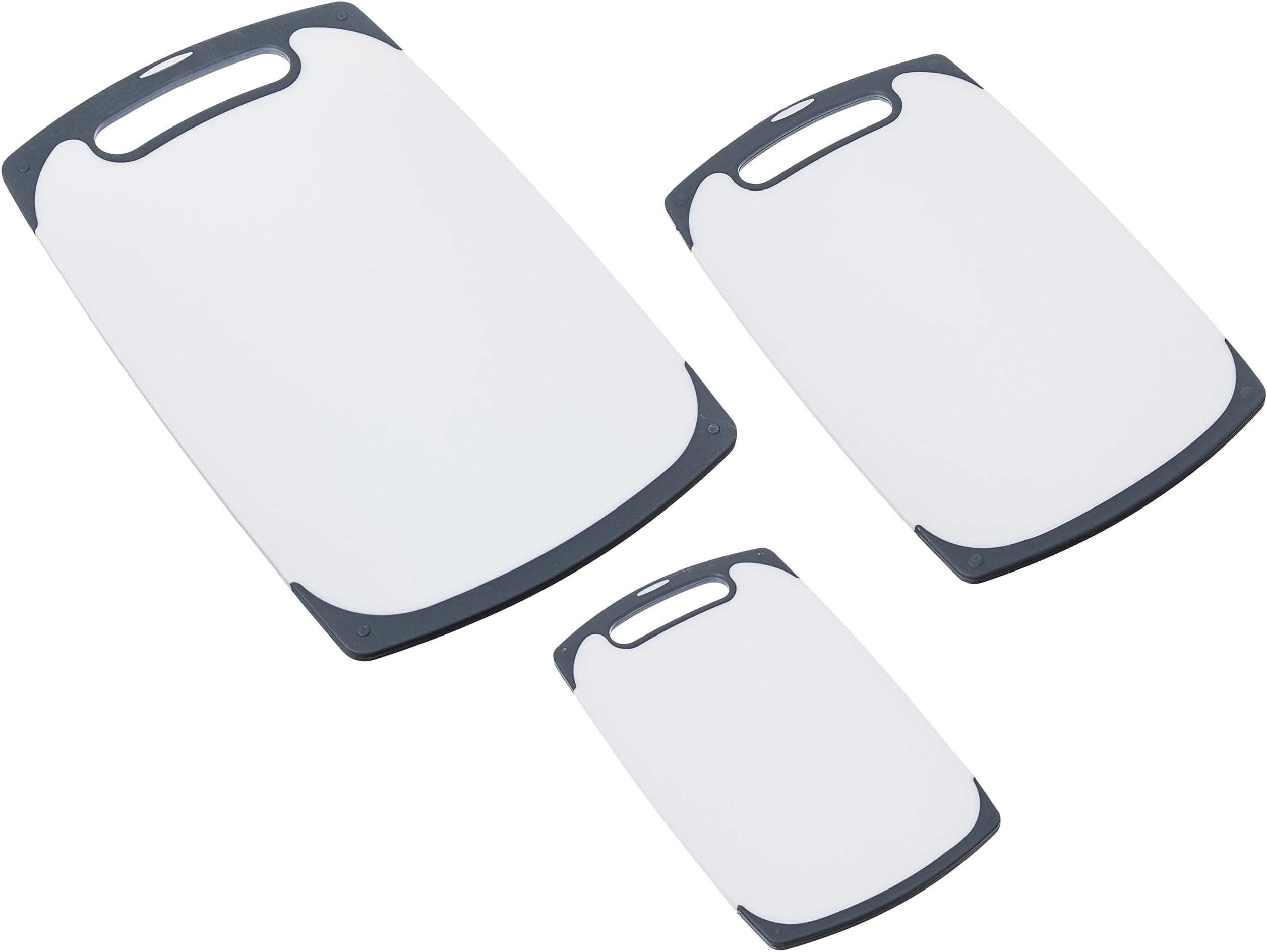 Iron Chef 3-Piece Plastic Cutting Board Set Thick Hard Plastic Non-porous surface | White Cutting Boards with Black Non-Slip Silicone Edges BPA-Free and Dishwasher Safe