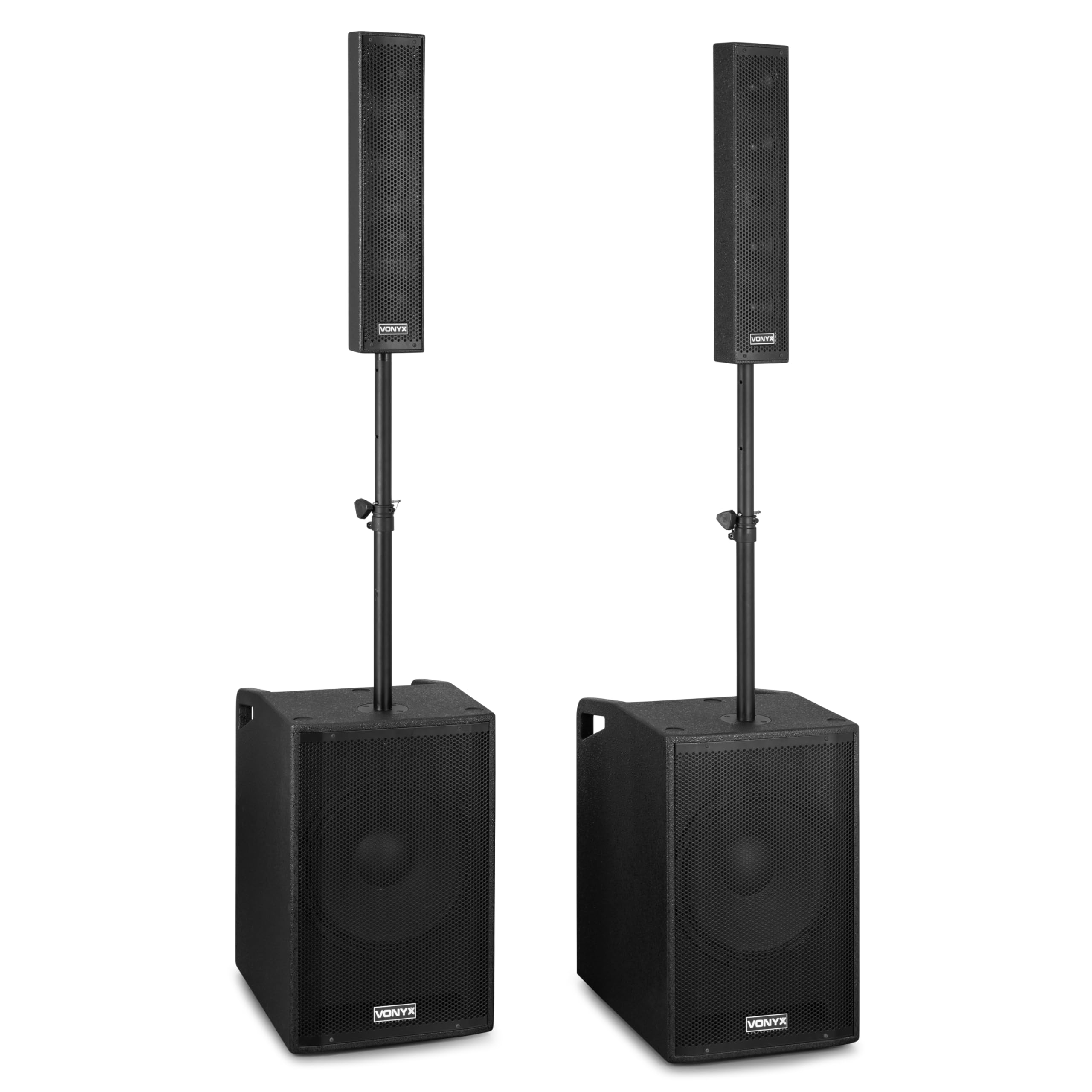 Vonyx VX1080BT – Sistema 2.2 Activo 1250W con Bluetooth 5.3, USB, SD, Doble subwoofer 15”, Micro, Trolley, Funda y Soportes, Equipo de Sonido Profesional para Eventos, Fiestas y DJ, Color Negro