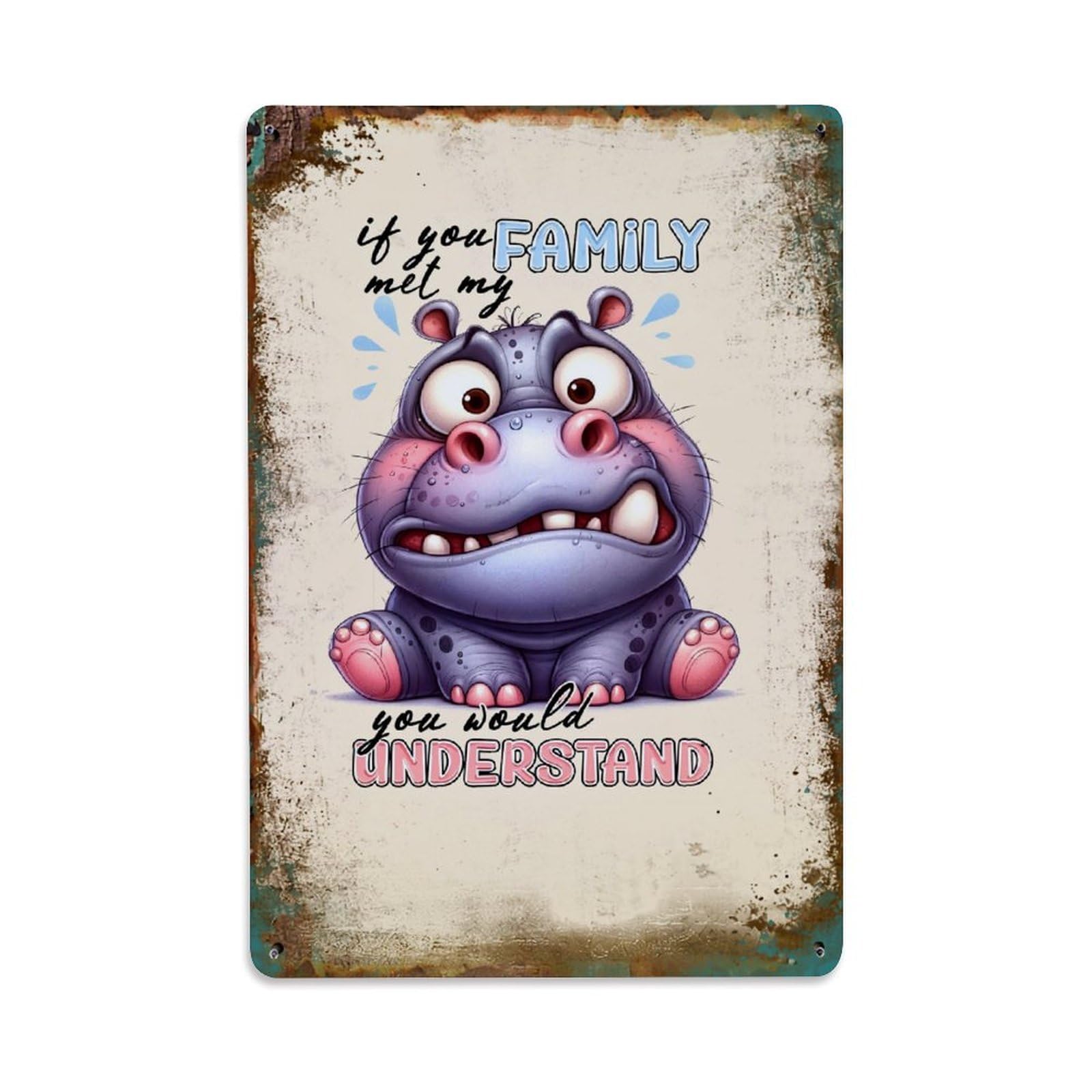 Jdyaojiesheng Vintage Cute Hippo Family Humor Art Tin Sign Retro Metal Wall Decor Metal Poster, Home Bar Garage Farmhouse Cafe Wall Art Decoration 8X12inches