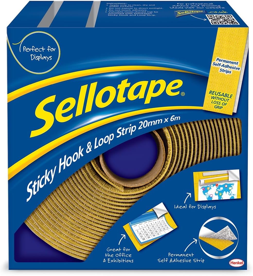 Sellotape Sticky Hook & Loop, Adhesive Strips for Temporary or Permanent Mounting of Photos & Exhibitions etc., Adhesive Tape with Clean Removal, Strong Sticky Tape, 20mmx6m