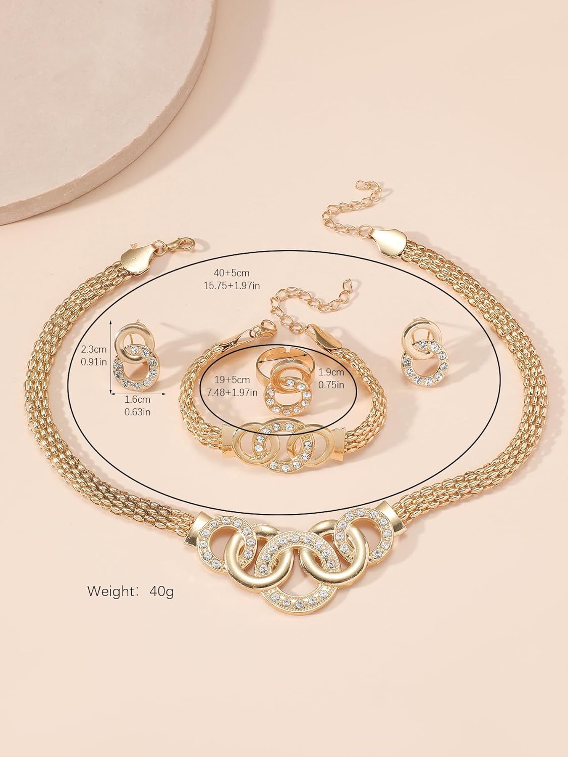 Gold Rhinestone Jewelry Set for Women Chunky Rhinestone Necklace Bracelet Earrings Ring Wedding Prom Bridal Jewelry Set - Image 3