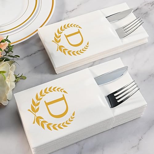 Miniatura 6 de Servilletas doradas de bolsillo con monograma, 100 servilletas de cena con letra D con bolsillo integrado para cubiertos para cubiertos, servilletas