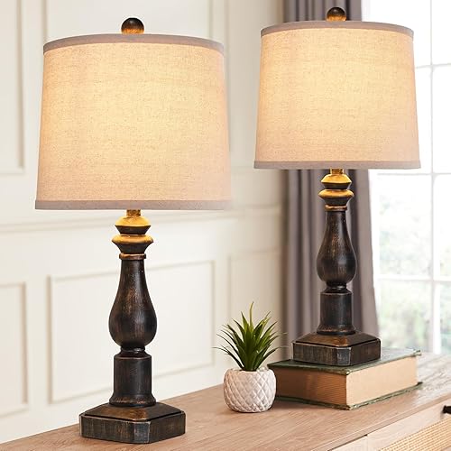 Juego de 2 lámparas de mesa vintage de 23 pulgadas para sala de estar, dormitorio, mesita de noche de resina moderna rústica, lámparas de escritorio