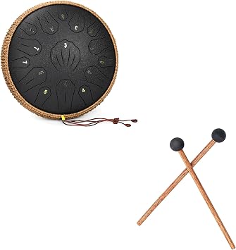 13 Inch 15 Note Tongue Drum, Black Handpan Musical Instrument for Adults Kids, 8.2" Steel Tongue Drum Mallets, Rubber Xylophone Mallets
