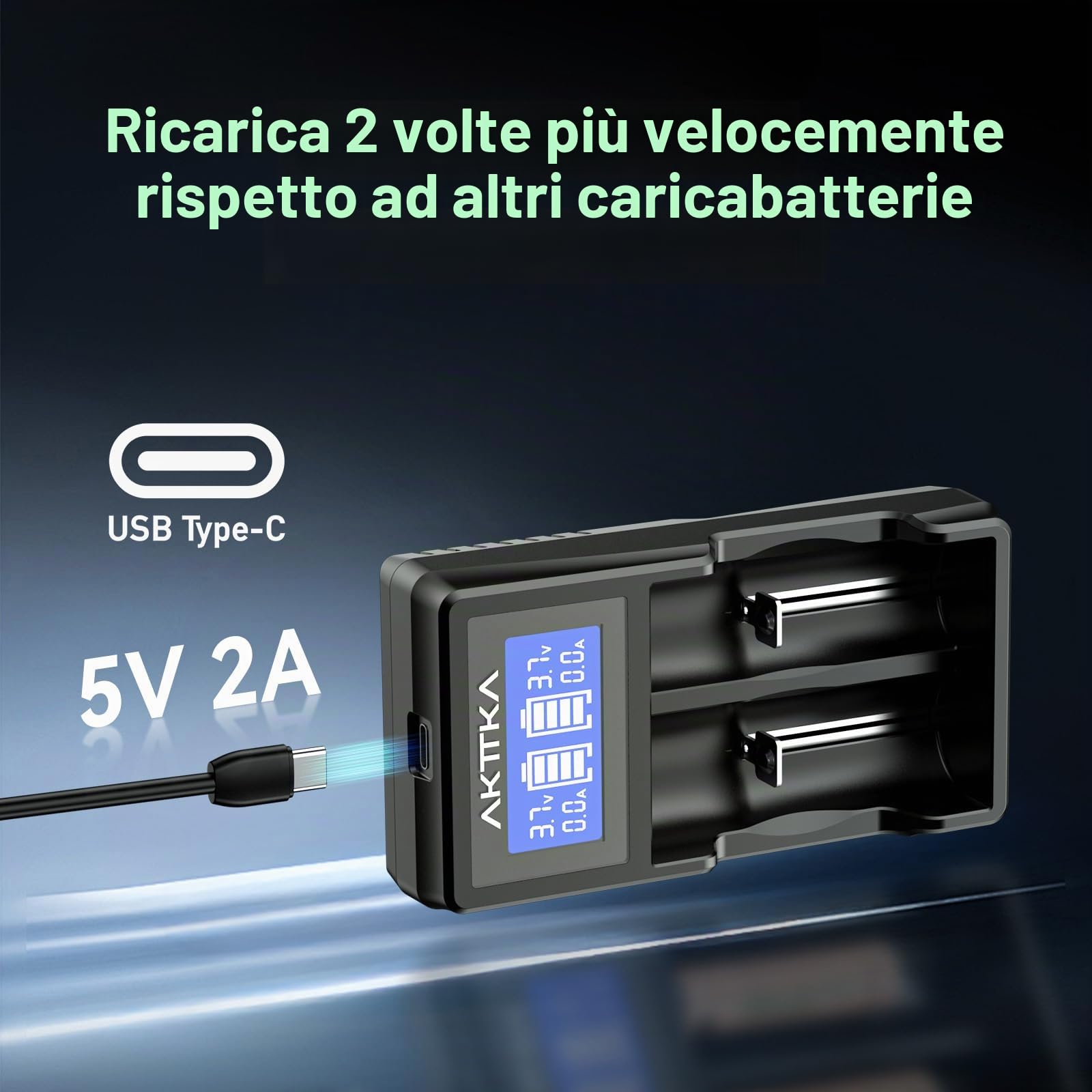 Caricabatterie Intelligente con Schermo LCD e Ricarica Rapida 5V/2A, Compatibile con Batterie Li-Ion 18650/21700/20700/26650 e Ni-MH/Ni-Cd AA/AAA/C, con Porta Type-C