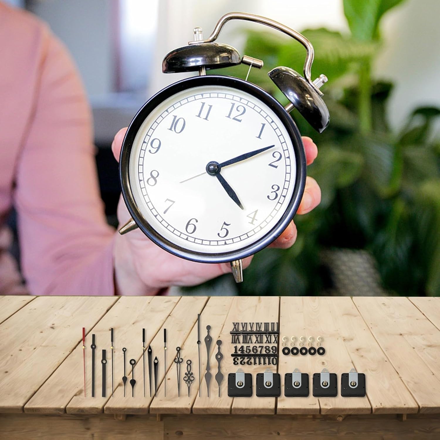 Silent Quartz Clock Movement Kit DIY Wall Clocks – 5PCS & Pointers, 2PCS Digital Cards (Arabic/Roman), 56x56x16mm, Requires 1.5V AA Battery(black)