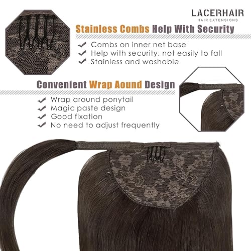 Miniatura 4 de Lacer Extensión de cola de caballo envolvente para mujeres negras, cabello humano de 16 pulgadas, extensión de cola de caballo recta sedosa de una