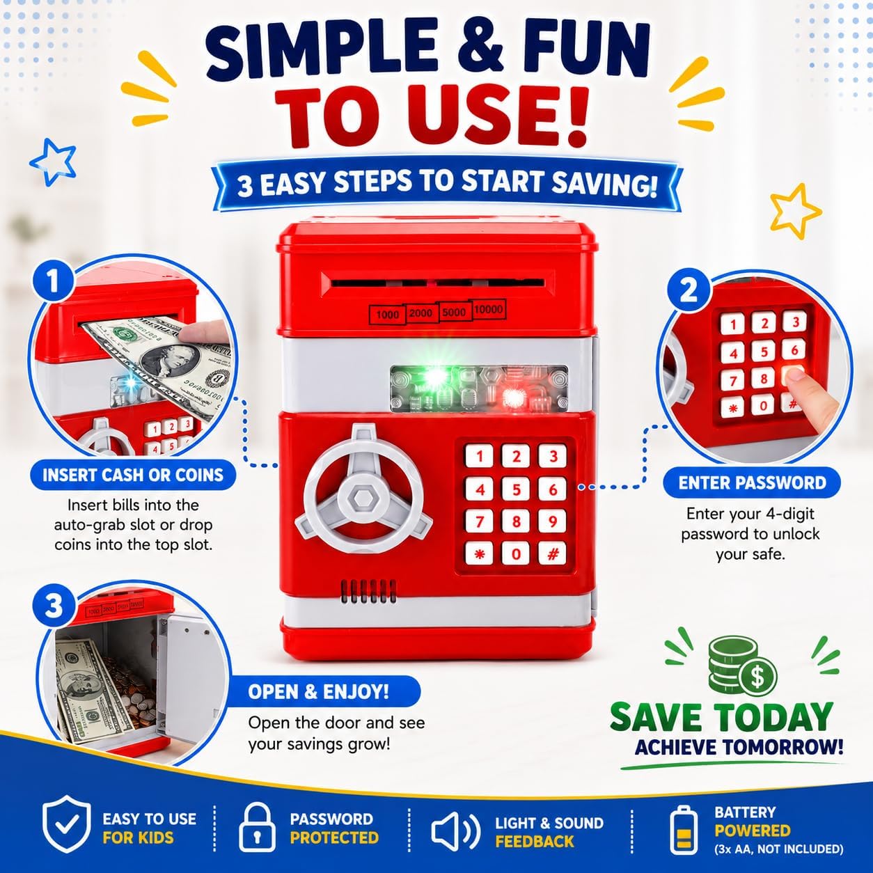 Electronic Piggy Bank for Kids, Mini ATM Coin Bank Money Saving Box with Password, Children's Safe Money Jar with Auto Grab Bill Slot, Great Gift Toy Bank for Boys, Girls image 3