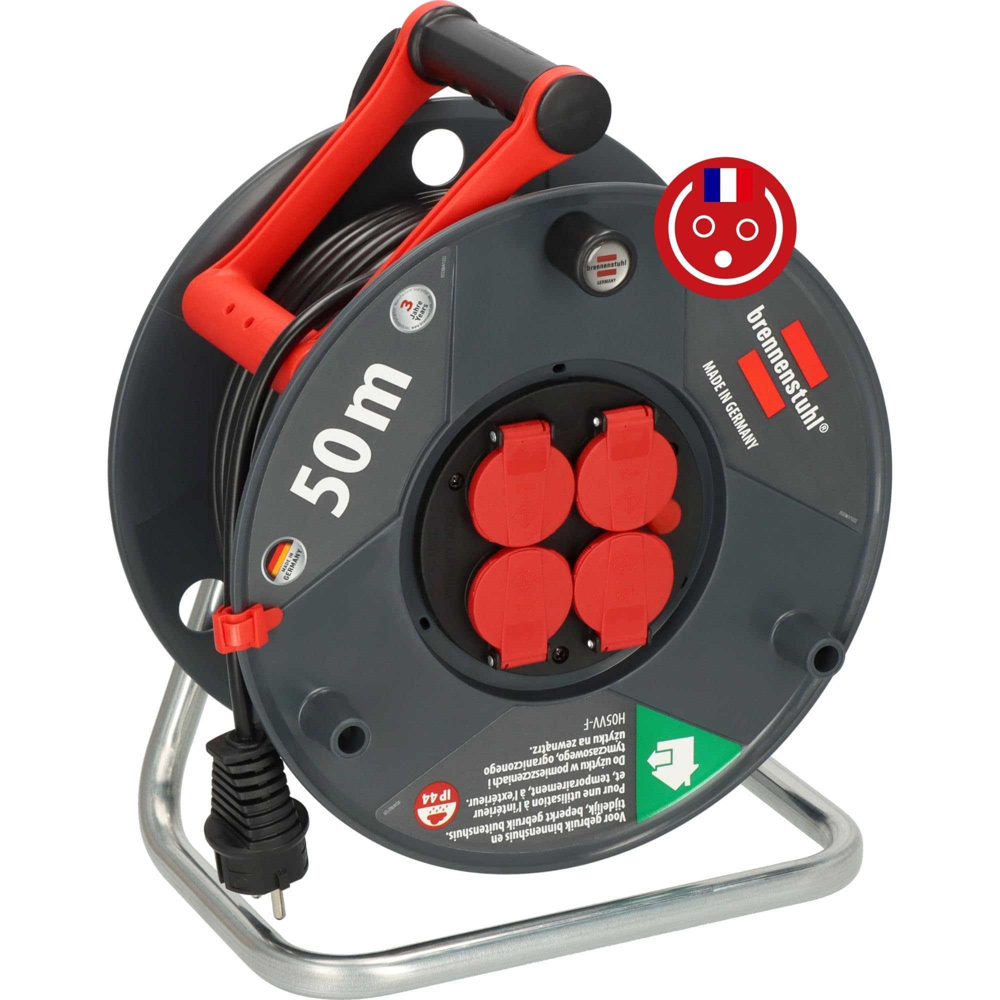Brennenstuhl Garant V2 IP44 Enrouleur de câble extérieur 50m (Fabriqué en Allemagne, 4 Prises avec Protection Tactile renforcée, Plastique spécial)