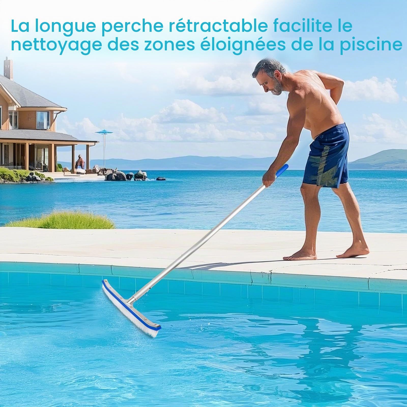 Brosse Piscine, Brosse de Nettoyage pour Piscine de 43 cm, Balai Piscine avec Barre en Aluminium Réglable en Longueur de 180cm