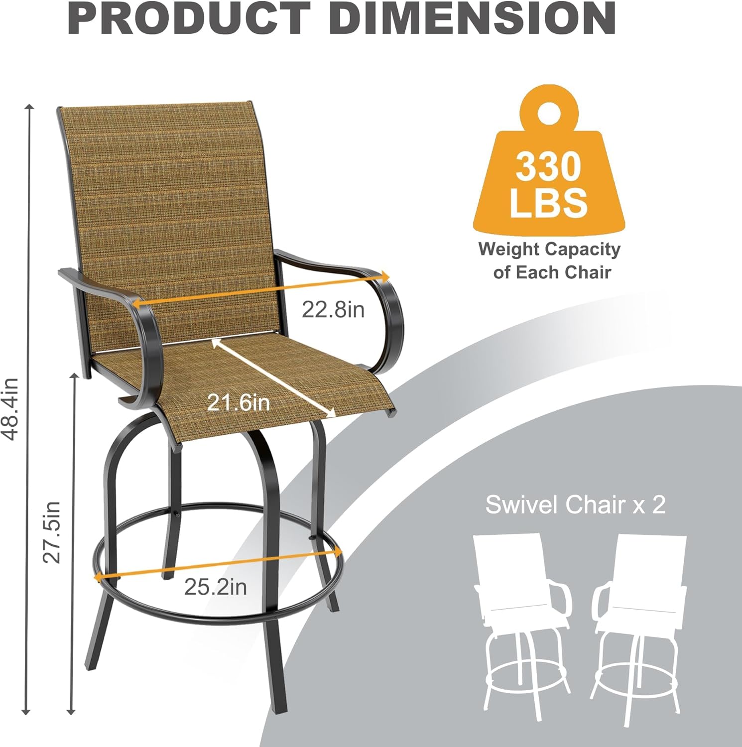 Outdoor Swivel Bar Stools Set of 2, High Back and Armrest Patio Chairs, All Weather Modern Bar Set for Outside, Beach, Lawn, Poolside and Garden