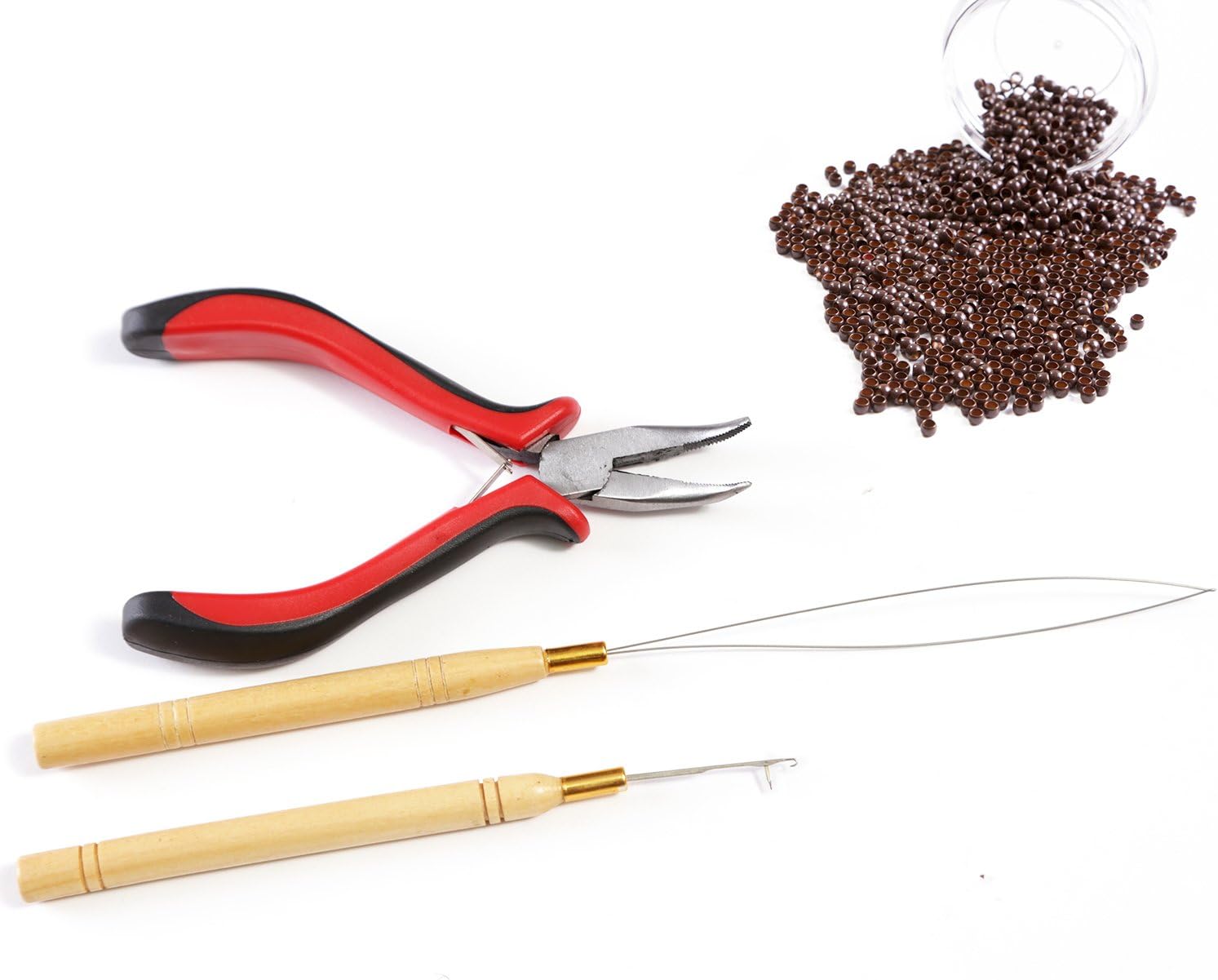 Vlasy 3pcs Kit for Nano Ring Link Hair and Feather Extensions: Pliers, Micro Pulling Needle, and Loop Threader (Brown)