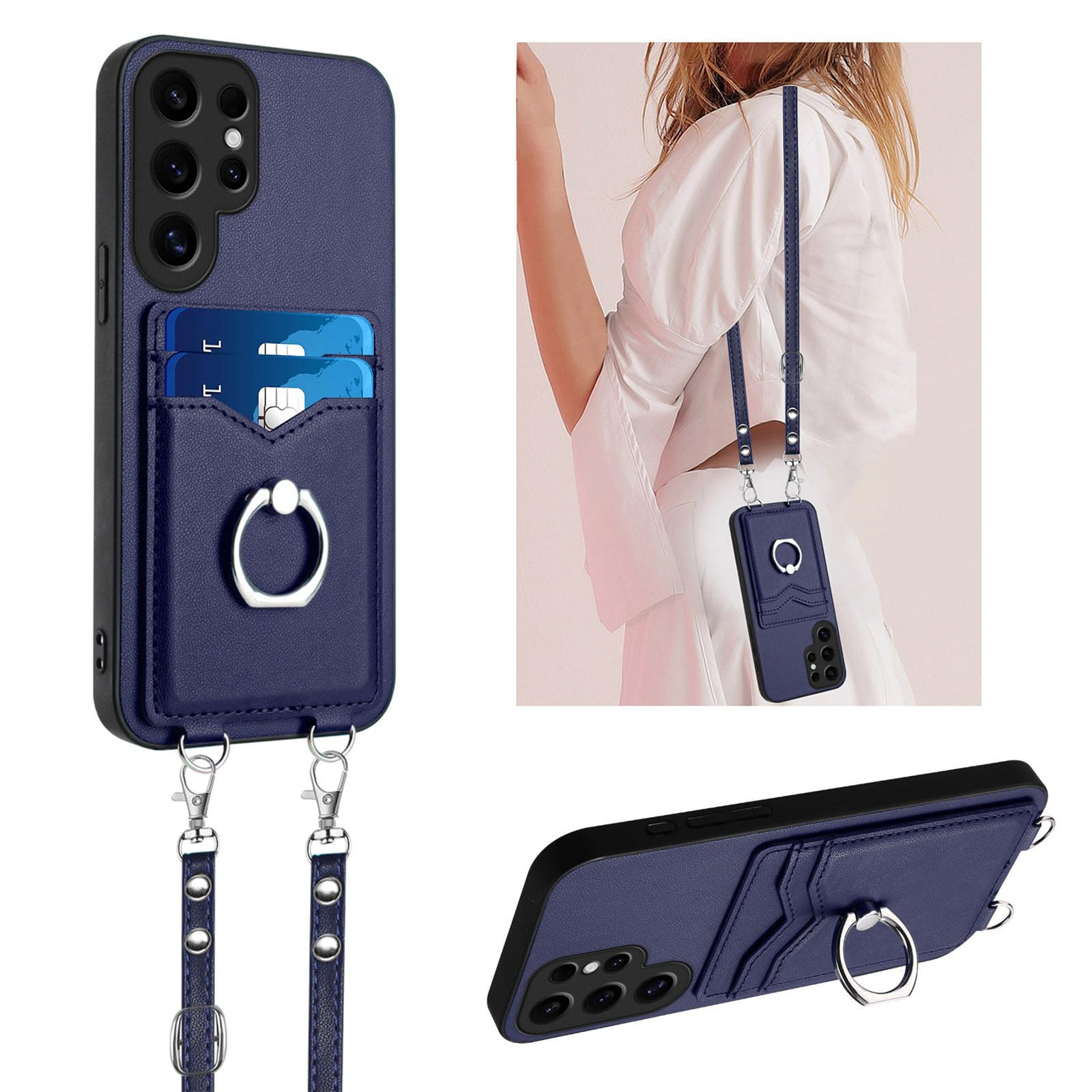 LEMAXELERS Compatible with Galaxy S25 Ultra Case with Card Holder and Ring Stand for Women, with Crossbody Lanyard Removable Shoulder Lanyard Strap