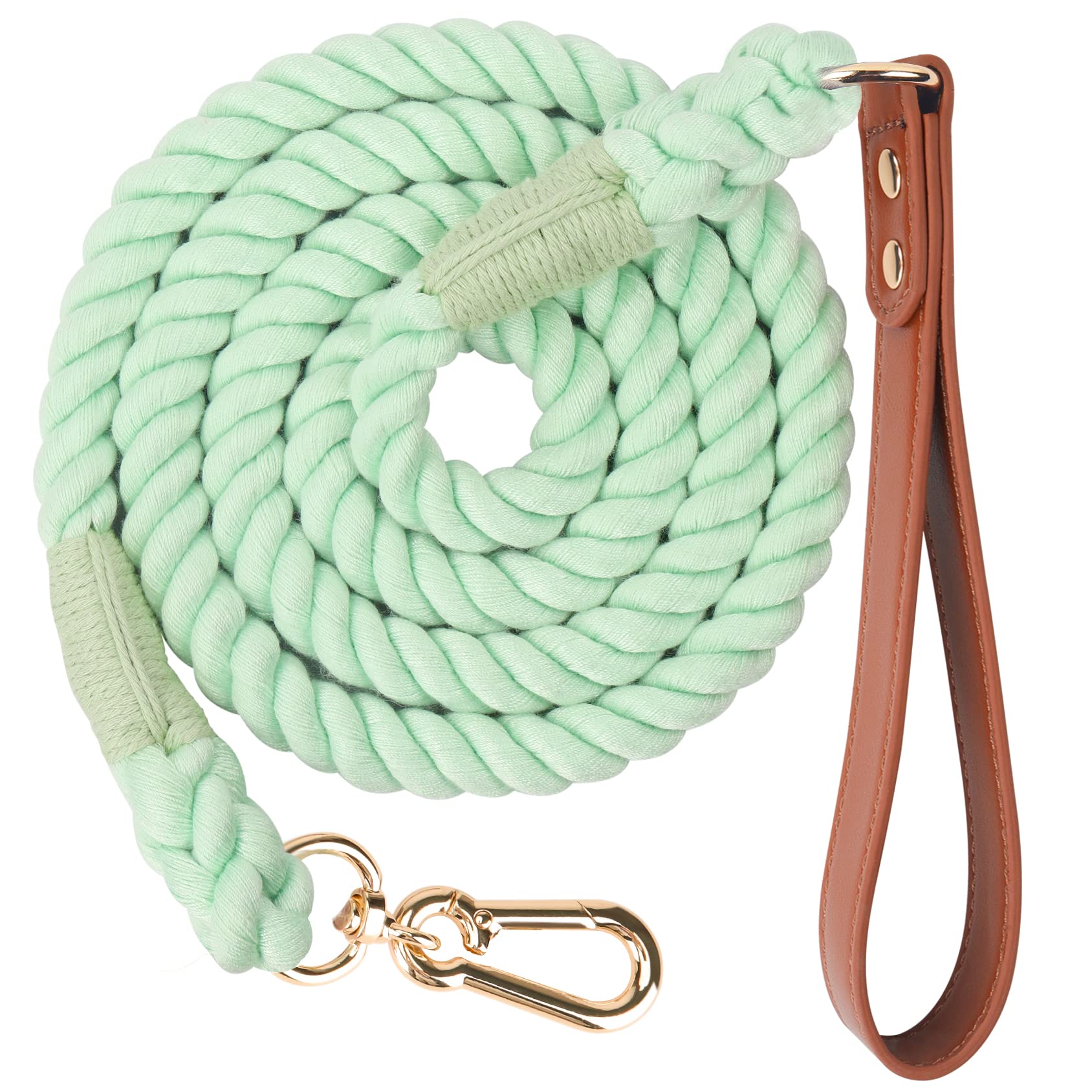 NUGUTIC 5 FT Dog Leash Handmade Braided Cotton Rope Dog Leash with Leather Handle for Small Medium and Large Dogs, Light Green — image 1